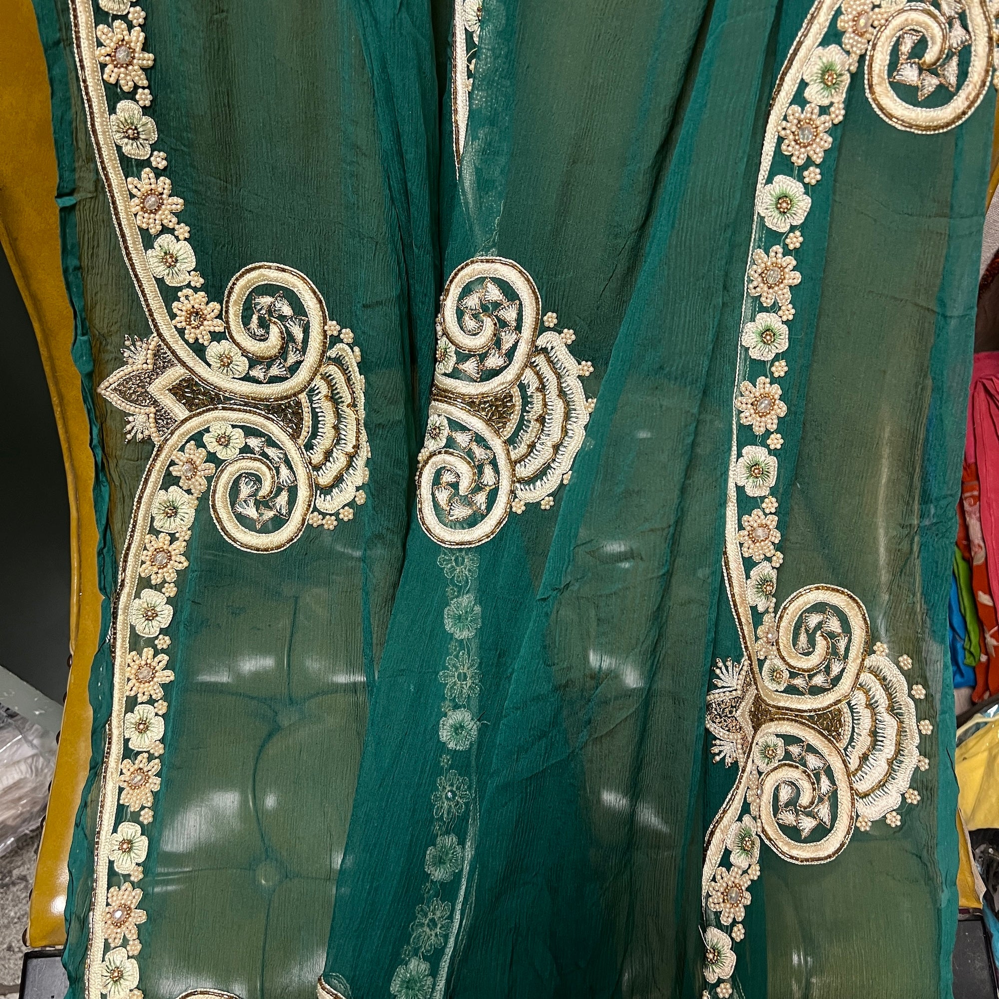 Dark Green Pearl Heavy Work Dupatta - Vintage India NYC