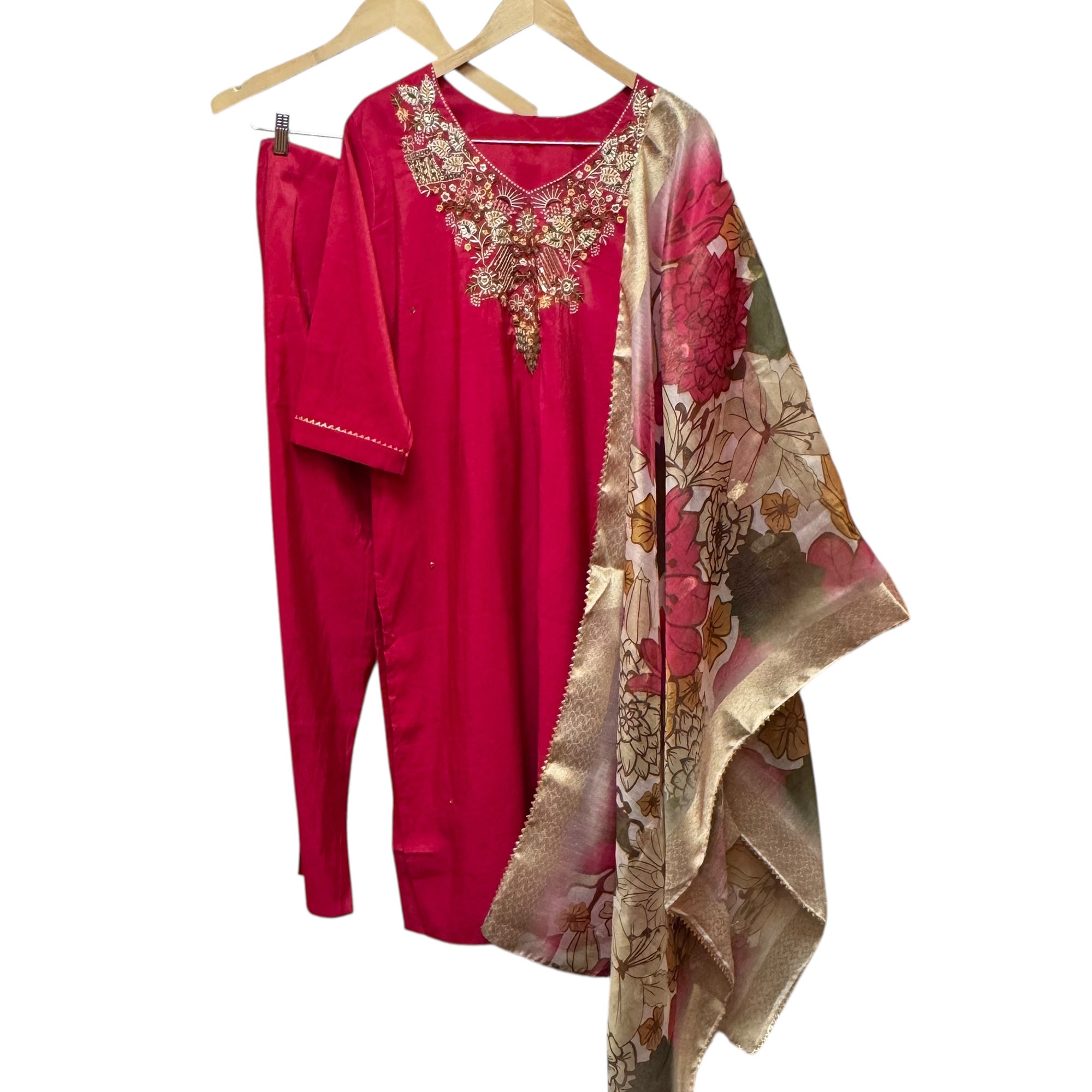 Plus Size Dark Pink Embroidered Kurta Set - Vintage India NYC