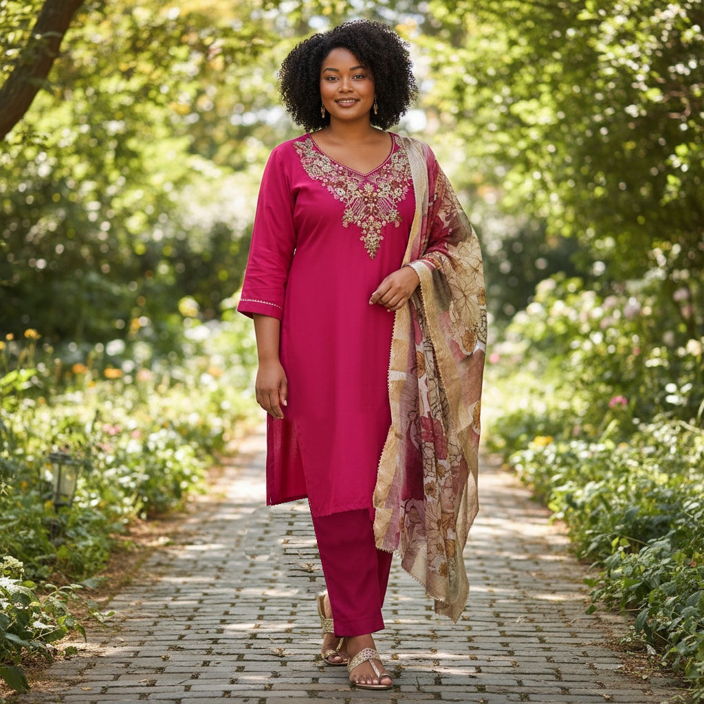 Plus Size Dark Pink Embroidered Kurta Set