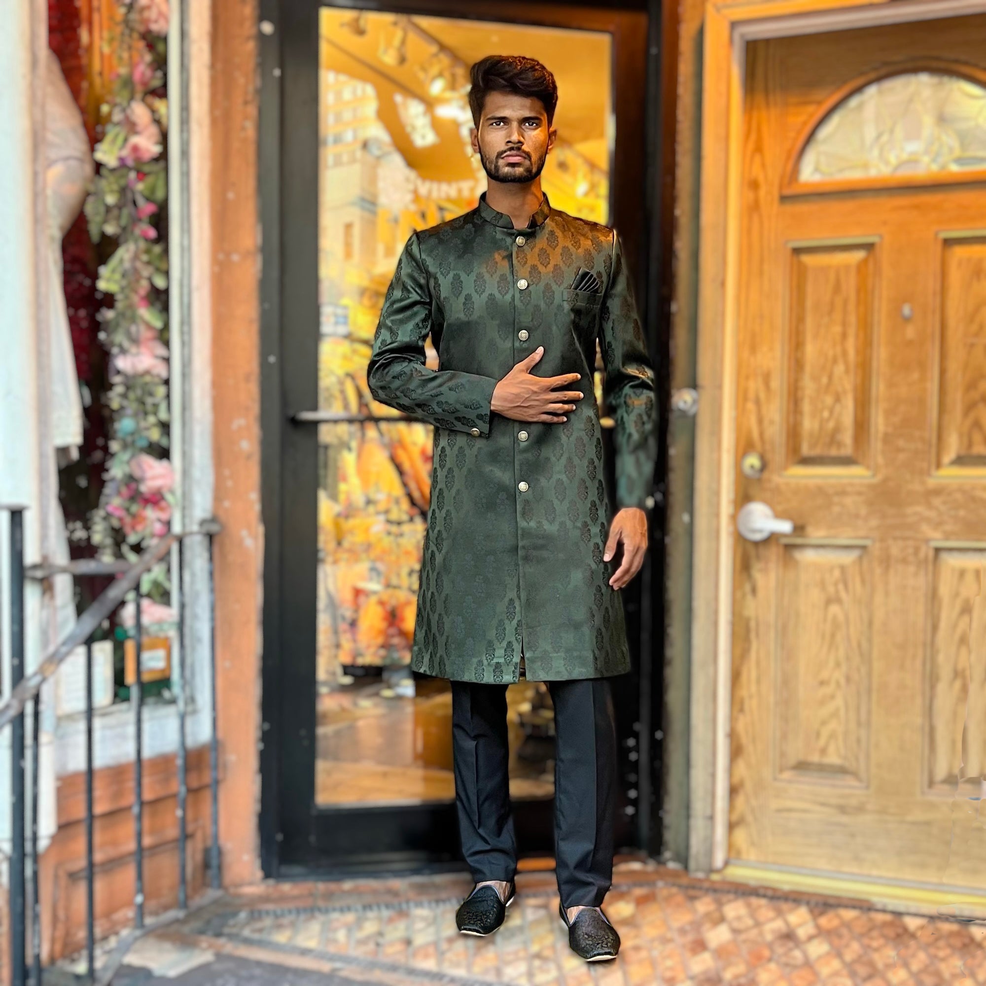Dark Green Jacquard Sherwani - Vintage India NYC