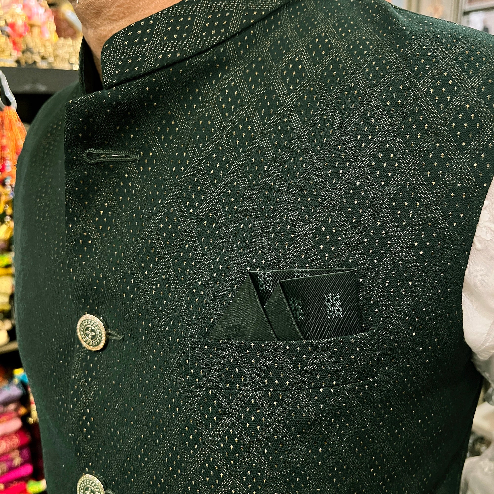 YD Dark Green Diamond Jacquard Vest - Vintage India NYC