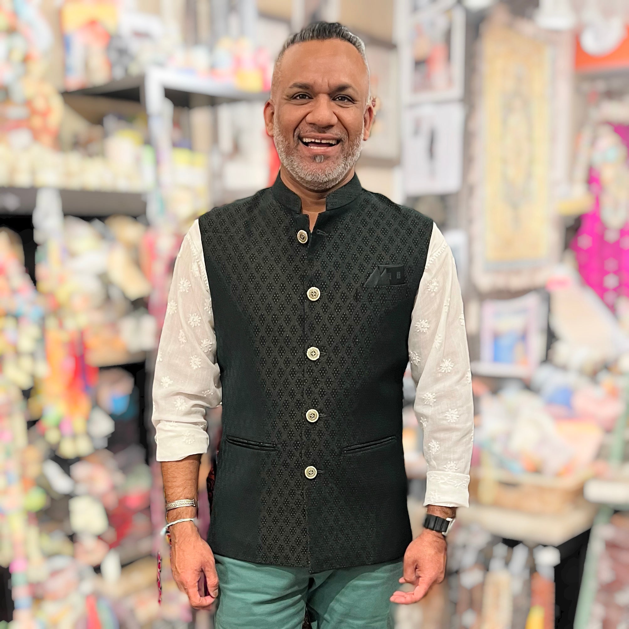 YD Dark Green Diamond Jacquard Vest - Vintage India NYC