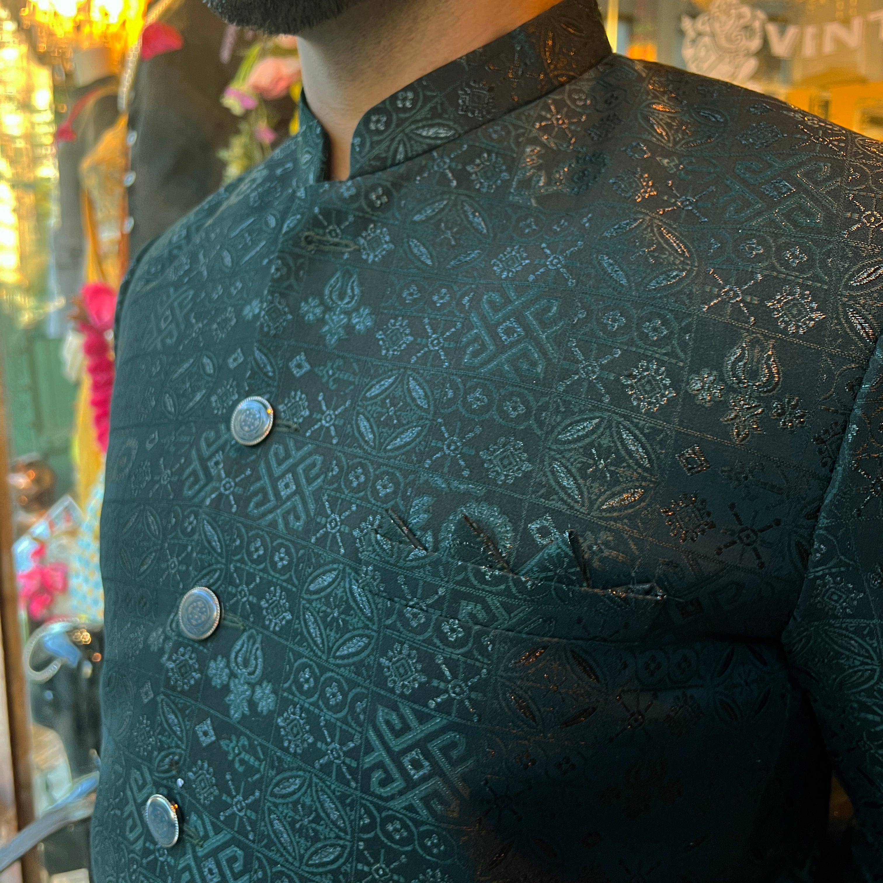 Square Jacquard Jodhpuri Jacket-Colors - Vintage India NYC