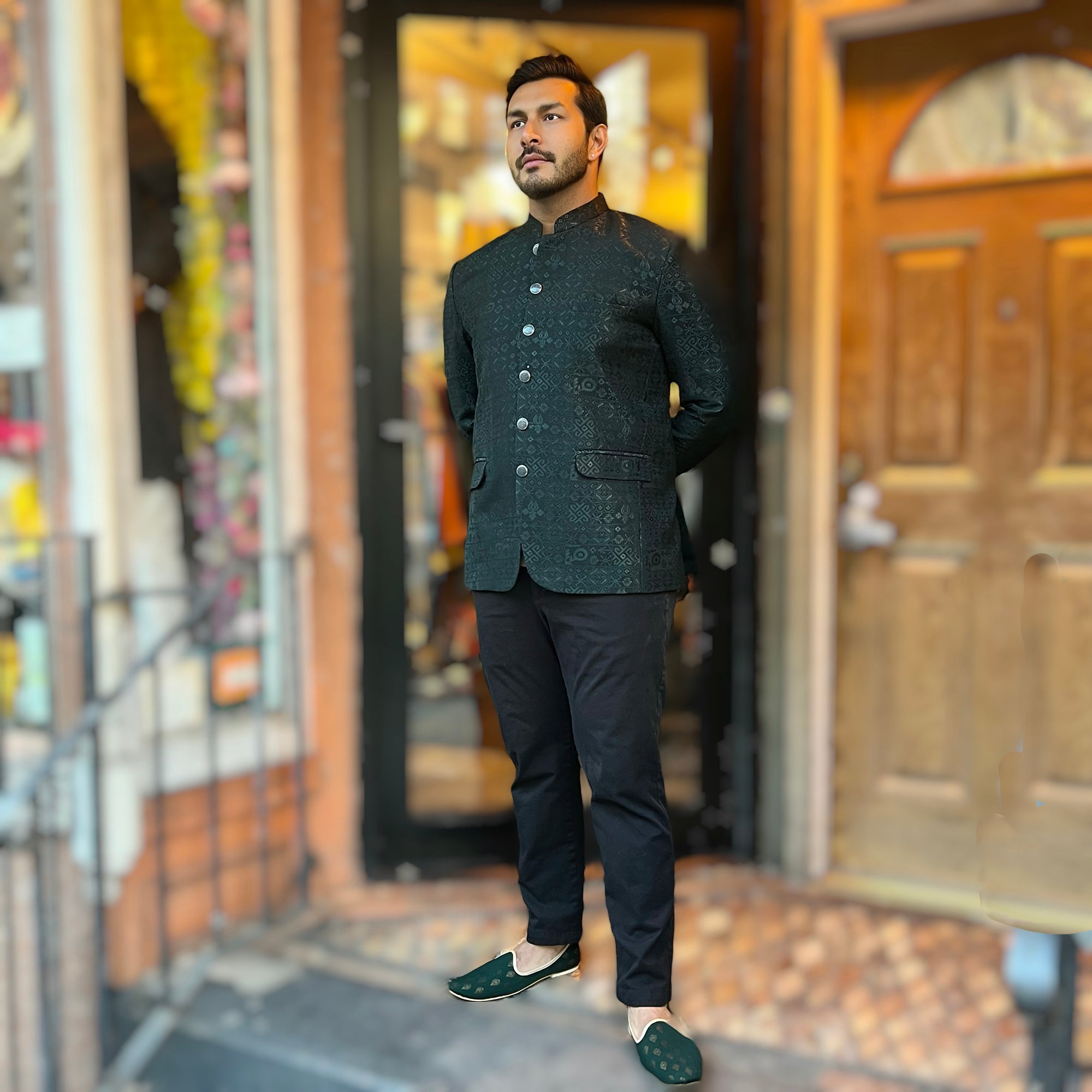Square Jacquard Jodhpuri Jacket-Colors - Vintage India NYC