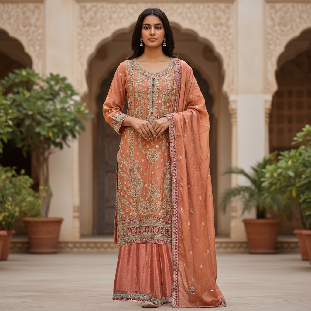 Dusty Coral Sharara Set- - Vintage India NYC