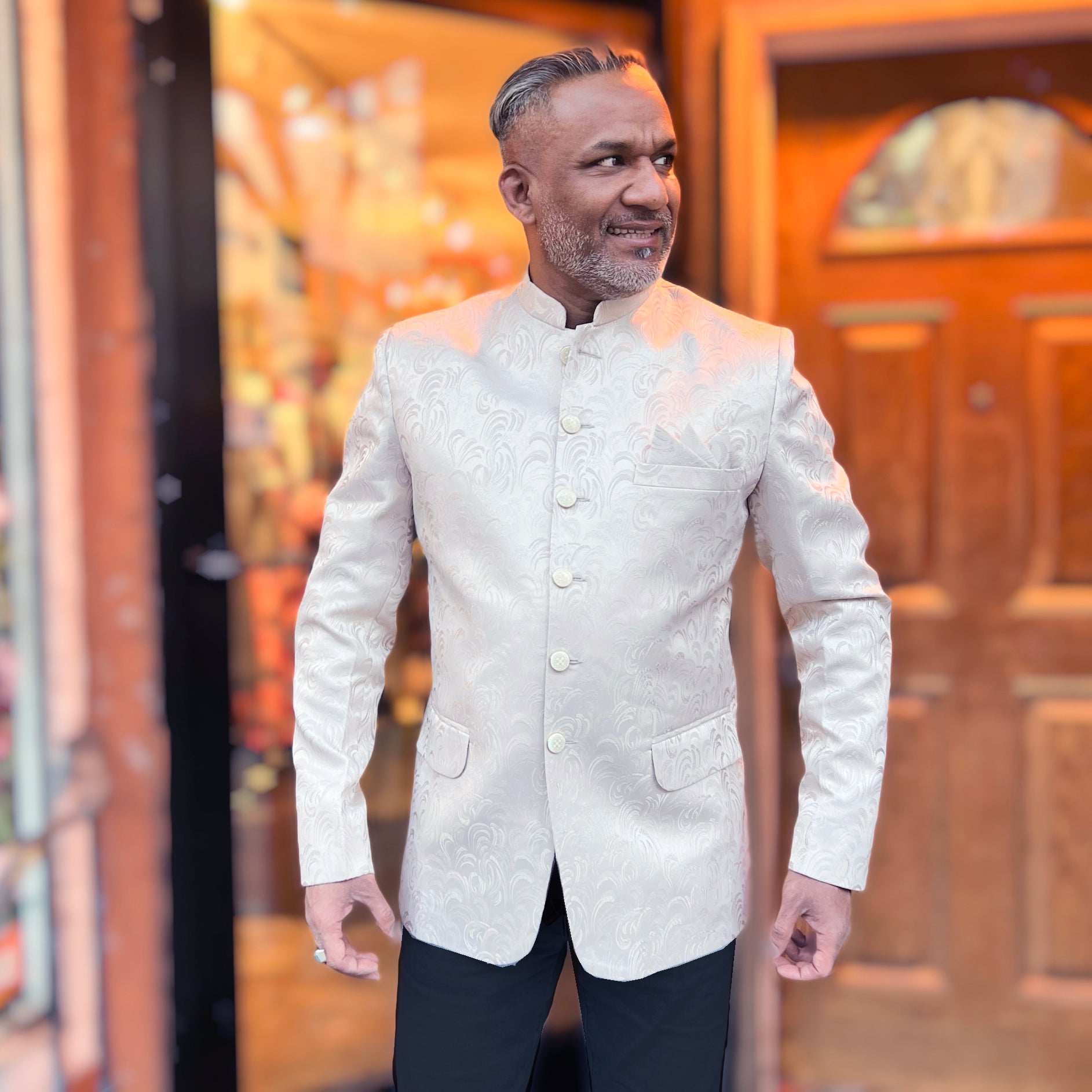Ecru Swirl Jacquard Jodhpuri Jacket