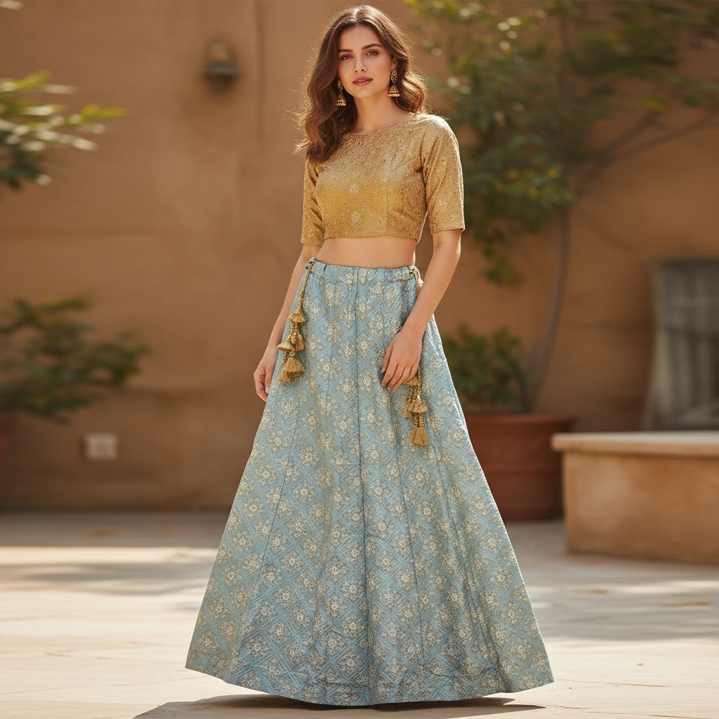 Q Diamond Flower Embroidered Lehenga - Vintage India NYC