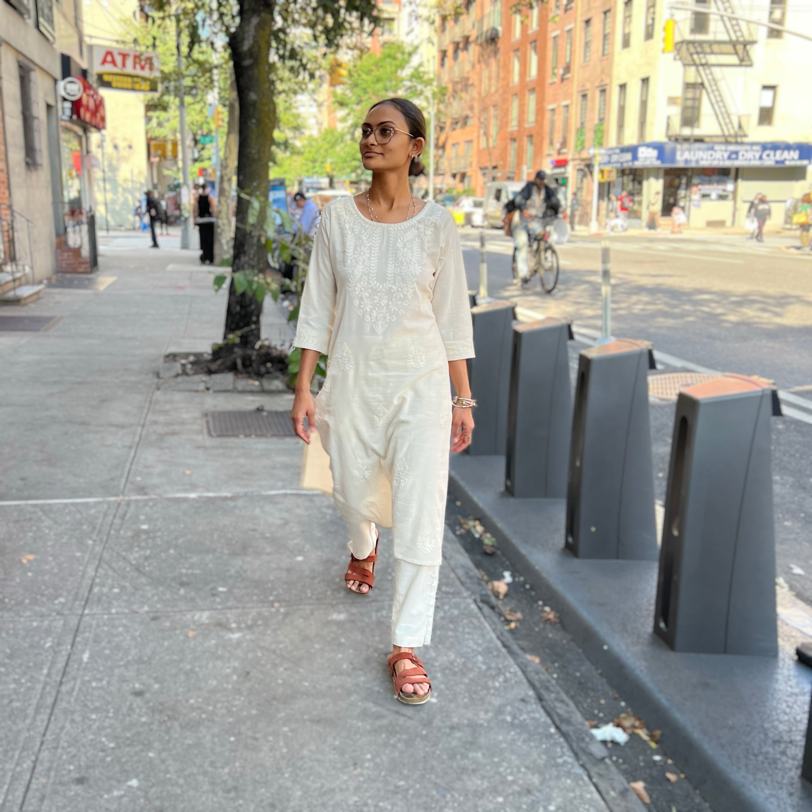 Embroidered Natural Khadi Kurta Sets - Vintage India NYC