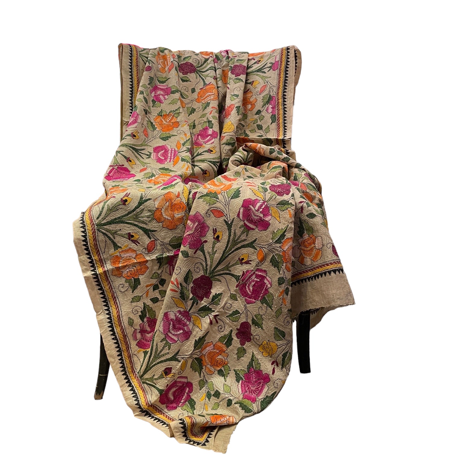 Fine Silk Floral Kantha Shawl - Vintage India NYC