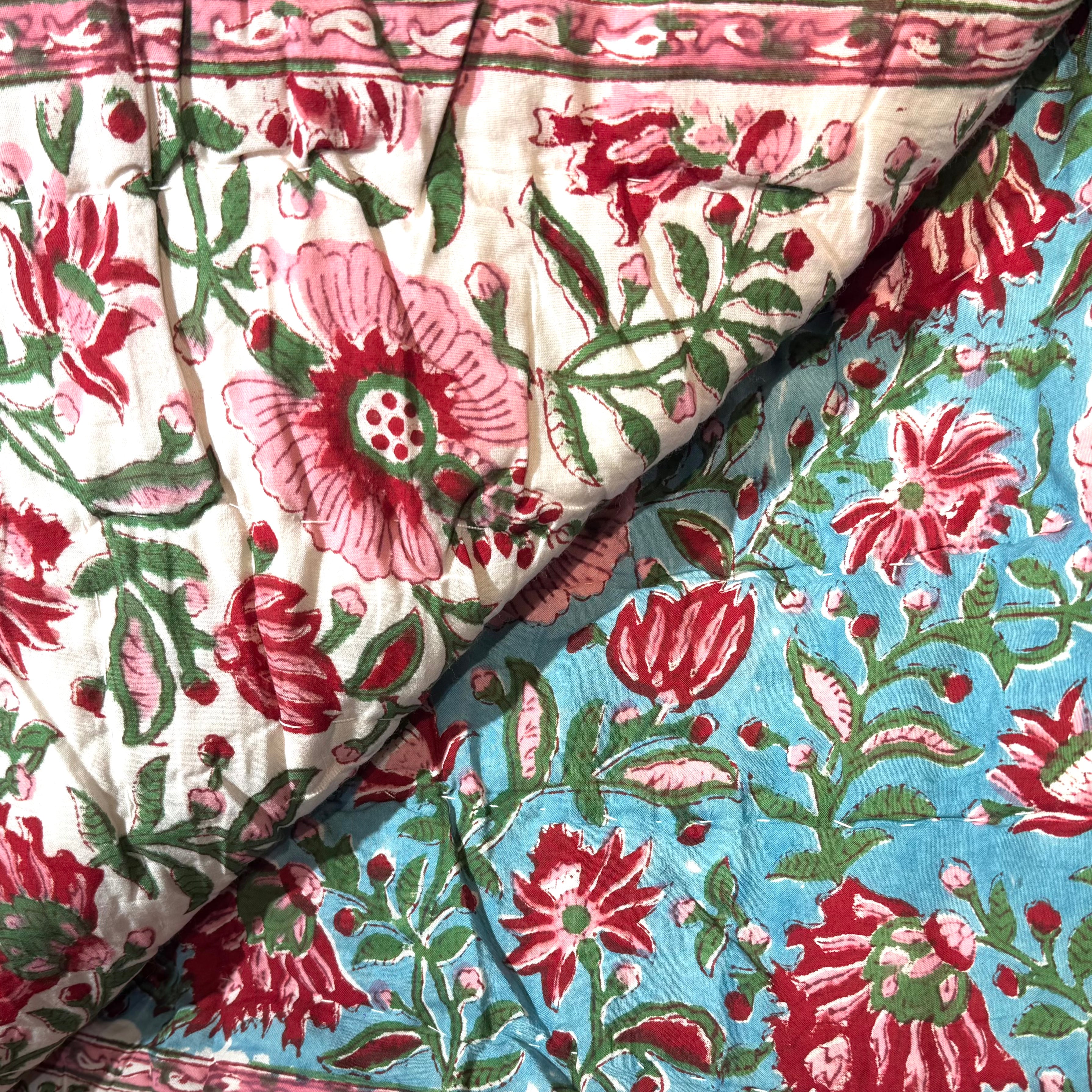 Cotton Reversible Queen Quilt -Turquoise/Pink Floral - Vintage India NYC