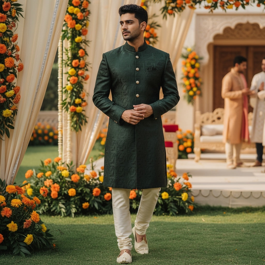 Forest Green Geometric Shimmer Sherwani - Vintage India NYC