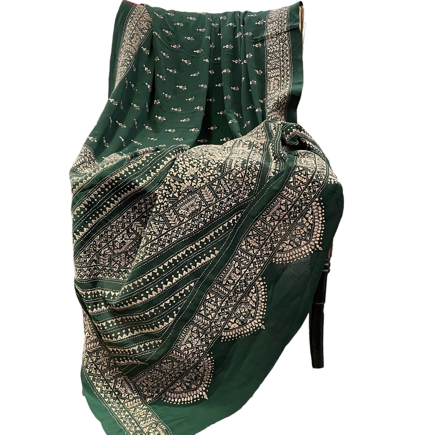 Dark Green Silk Nakshi Embroidered Shawl - Vintage India NYC