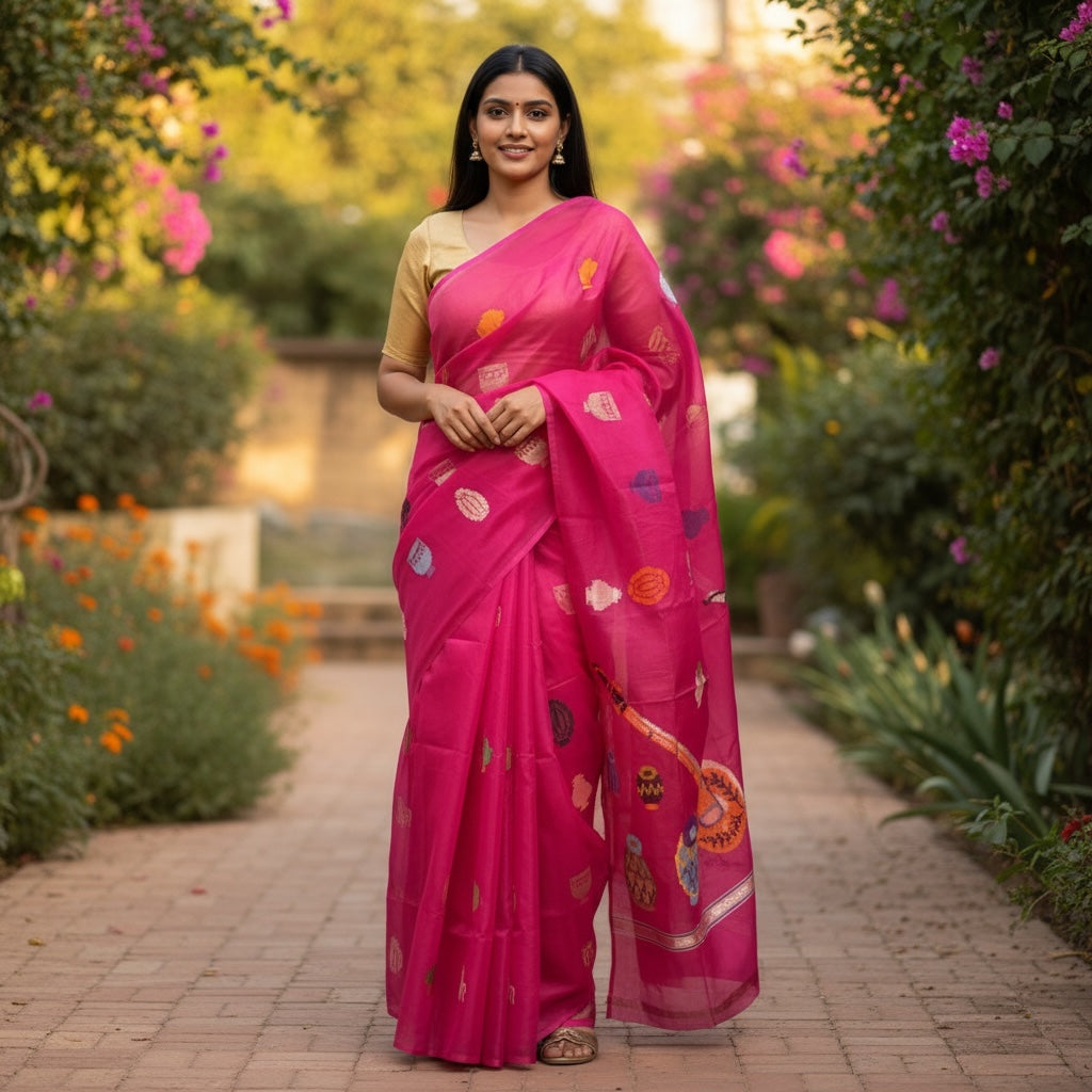 Bright Pink Jamdani w Instruments Saree - Vintage India NYC