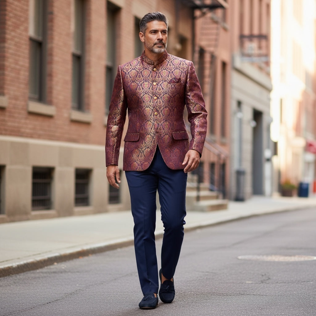 Fuchsia & Navy Paisley Jodhpuri Jacket