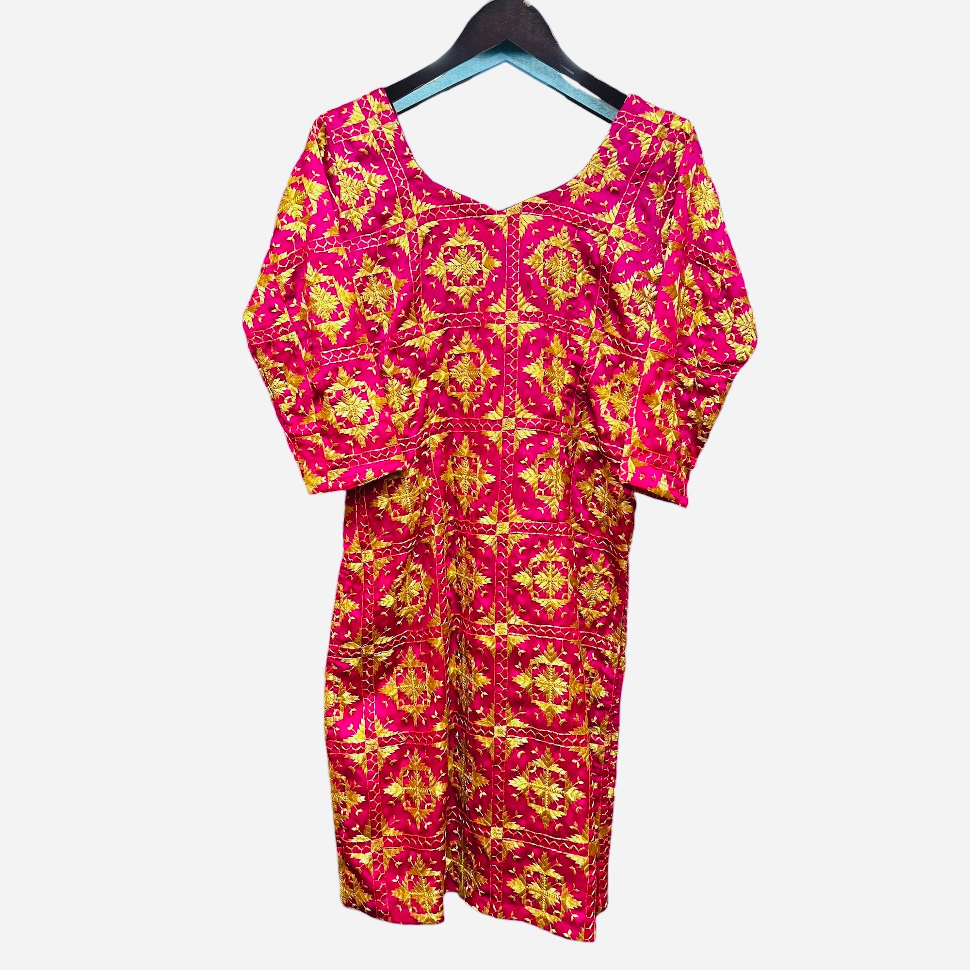 Pure Silk Fuchsia & Gold Phukari Kurti - Vintage India NYC