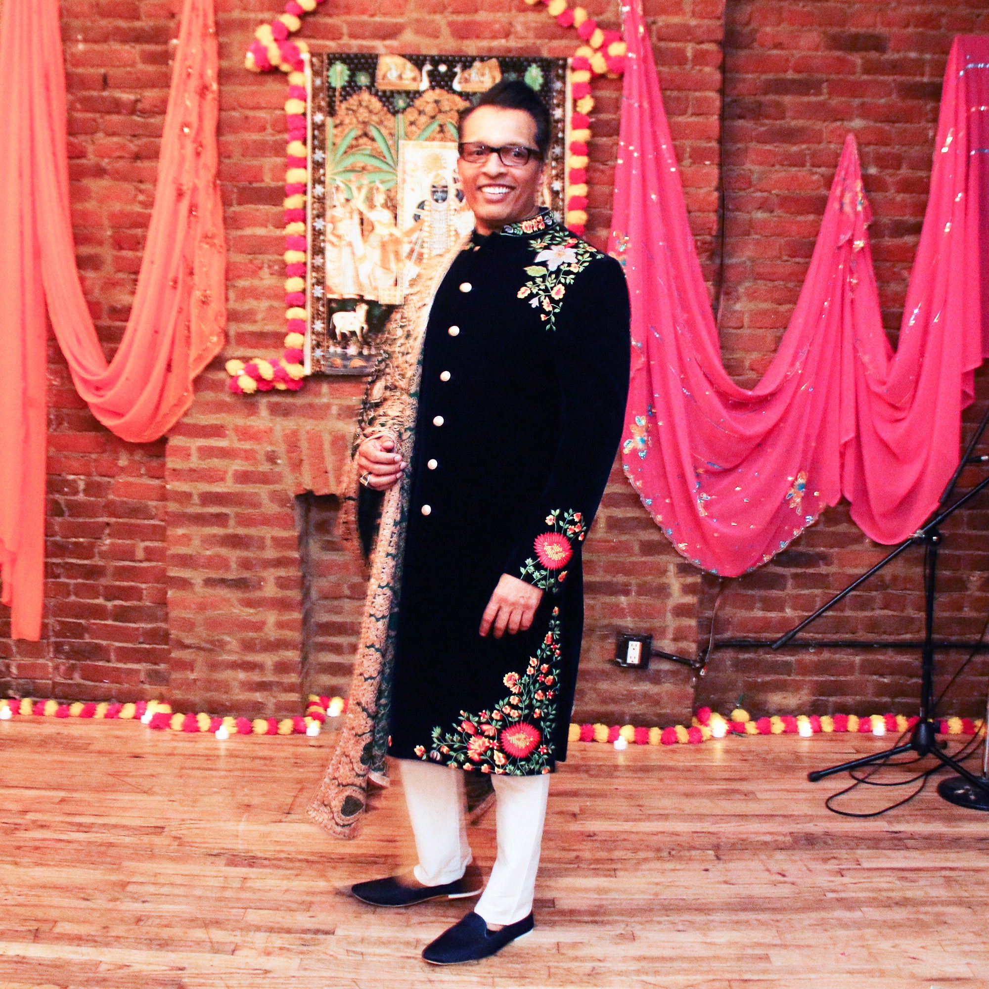 DK Navy Velvet Embroidered Sherwani - Vintage India NYC
