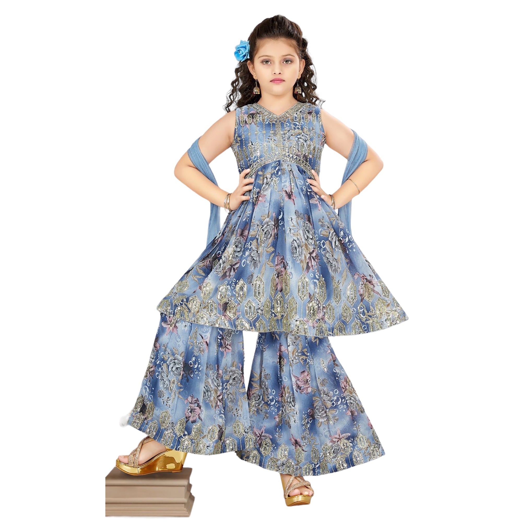 DT Blue Floral Girls Gharara 24-38 - Vintage India NYC