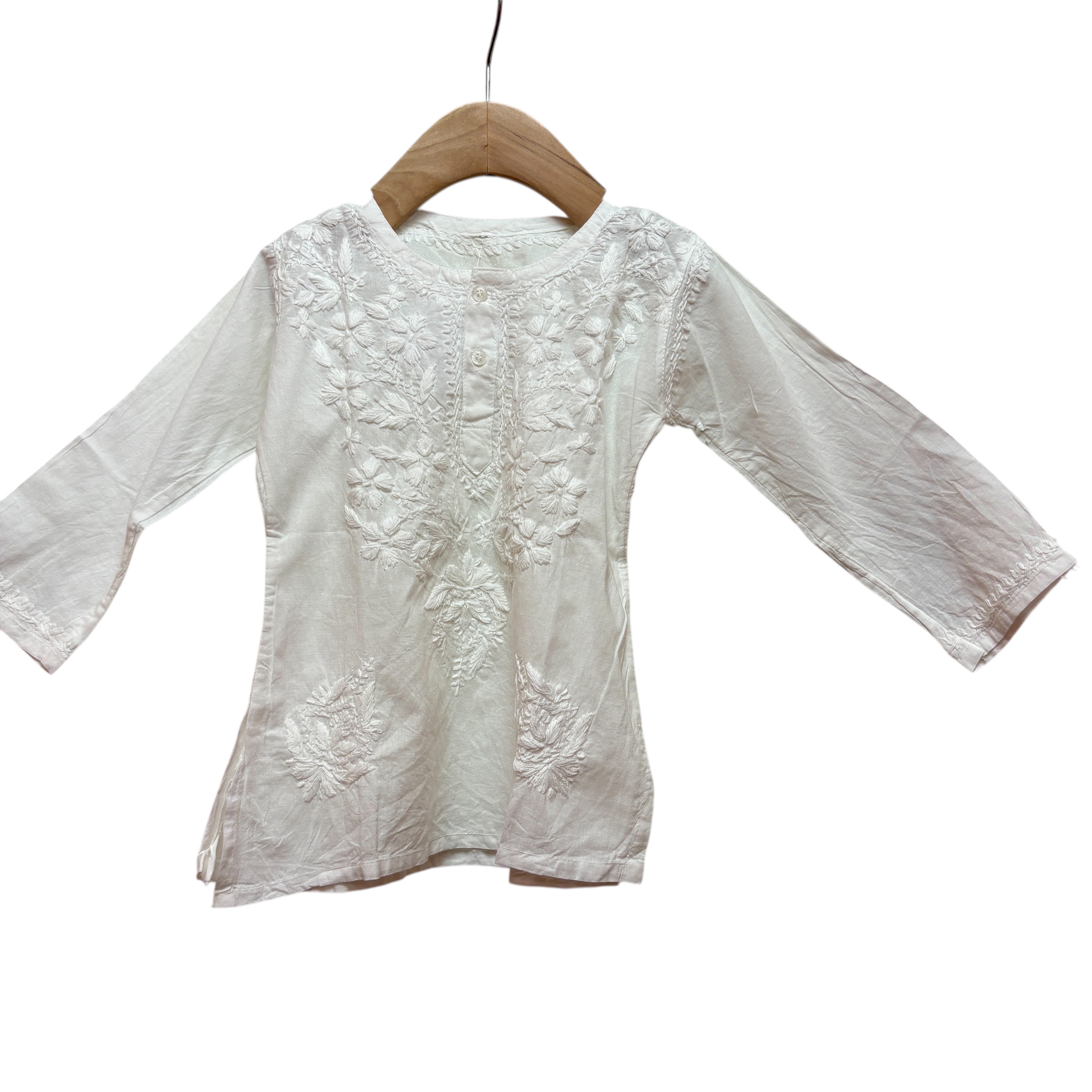 MA Girls White Chikan Embroidered Kurta Top - Vintage India NYC