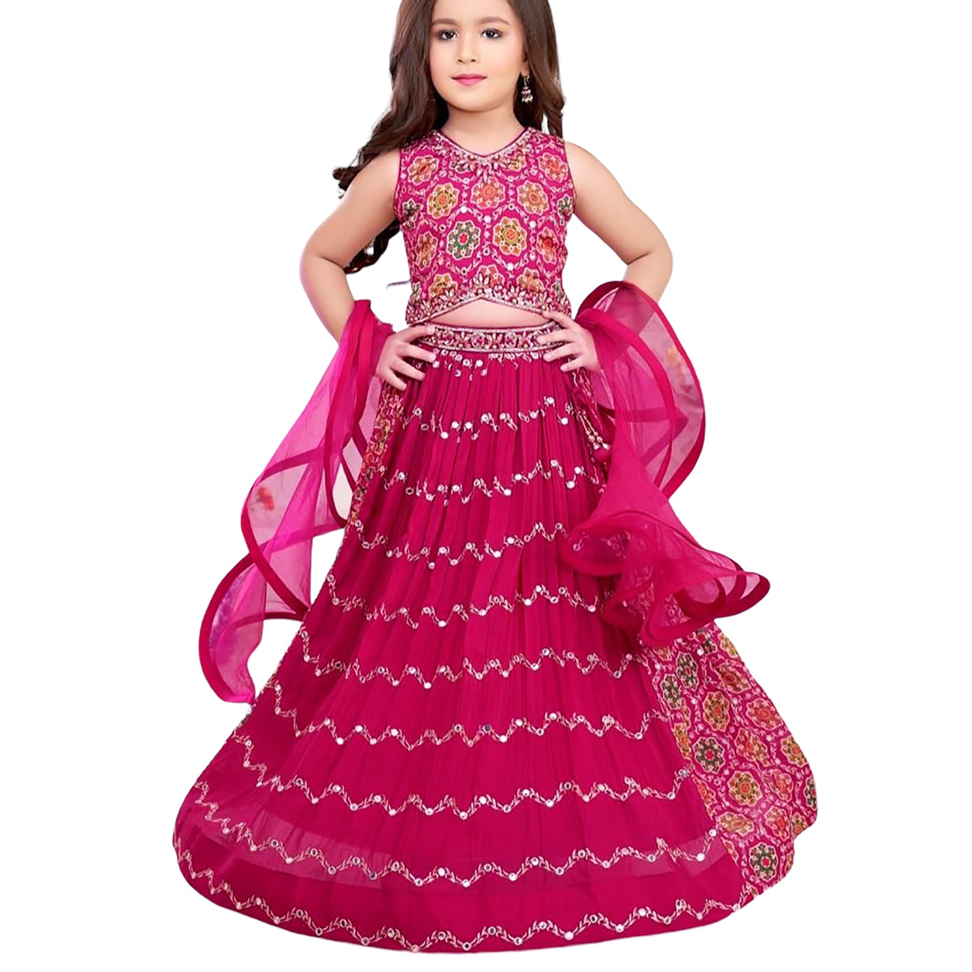 Girls Lehenga Set-Fuchsia Georgette - Vintage India NYC