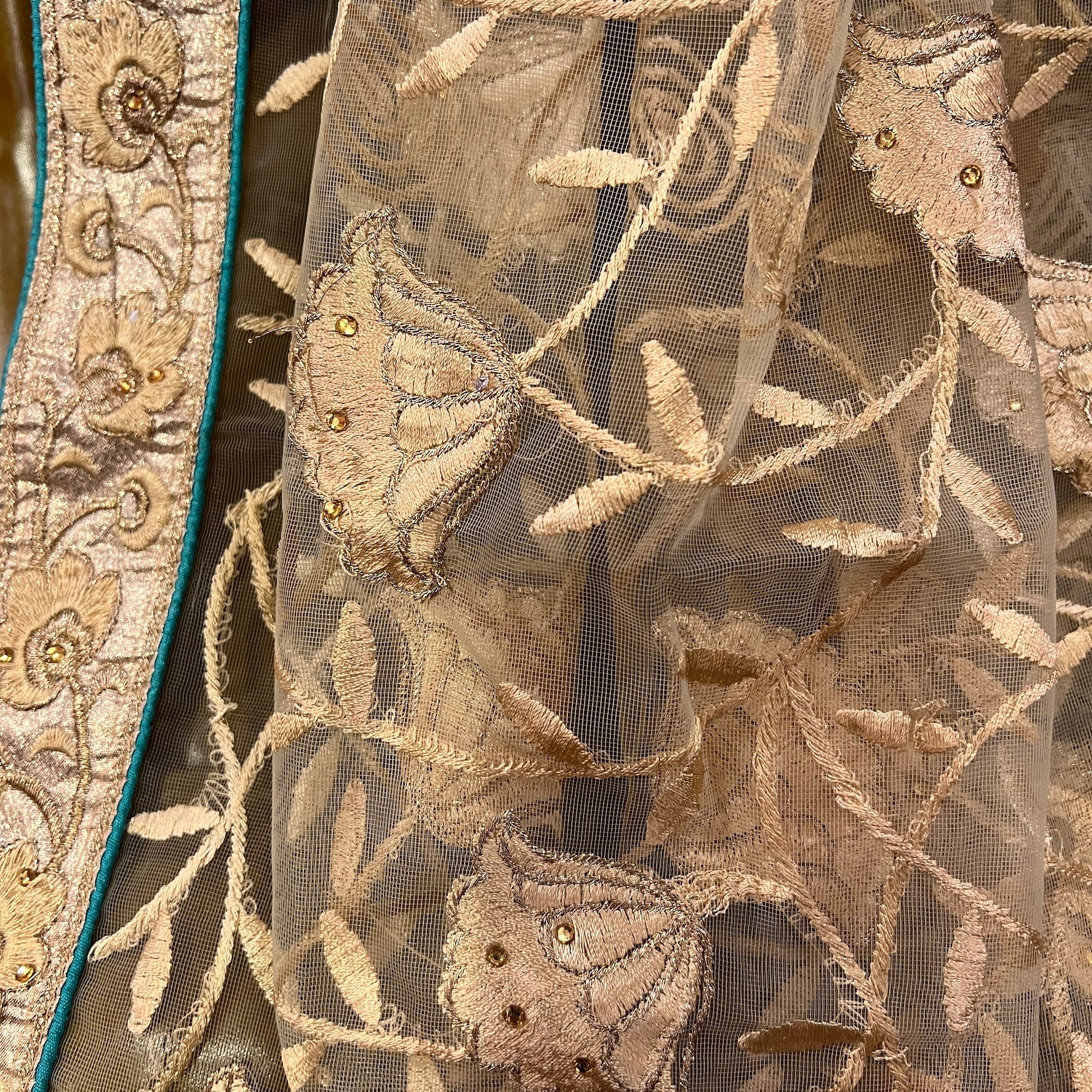 Gold & Aqua Embroidered Dupatta 9026 - Vintage India NYC