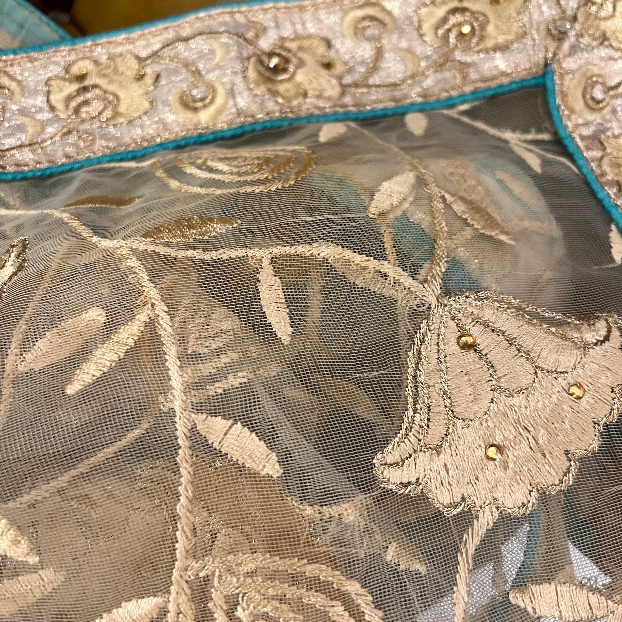 Gold & Aqua Embroidered Dupatta 9026 - Vintage India NYC