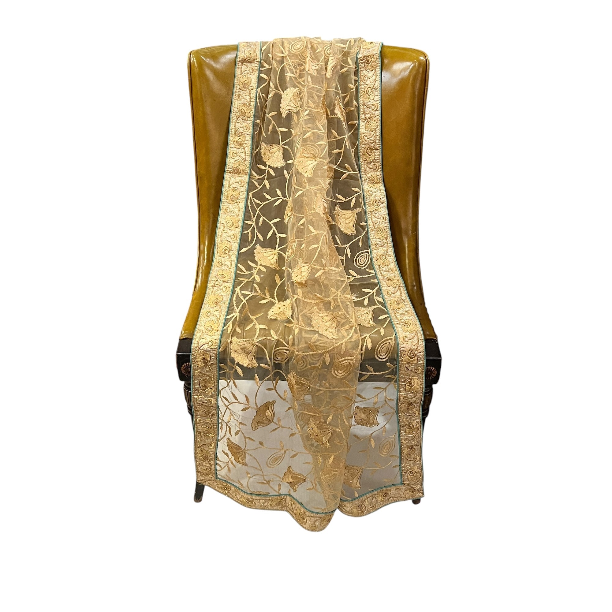 Gold & Aqua Embroidered Dupatta 9026 - Vintage India NYC