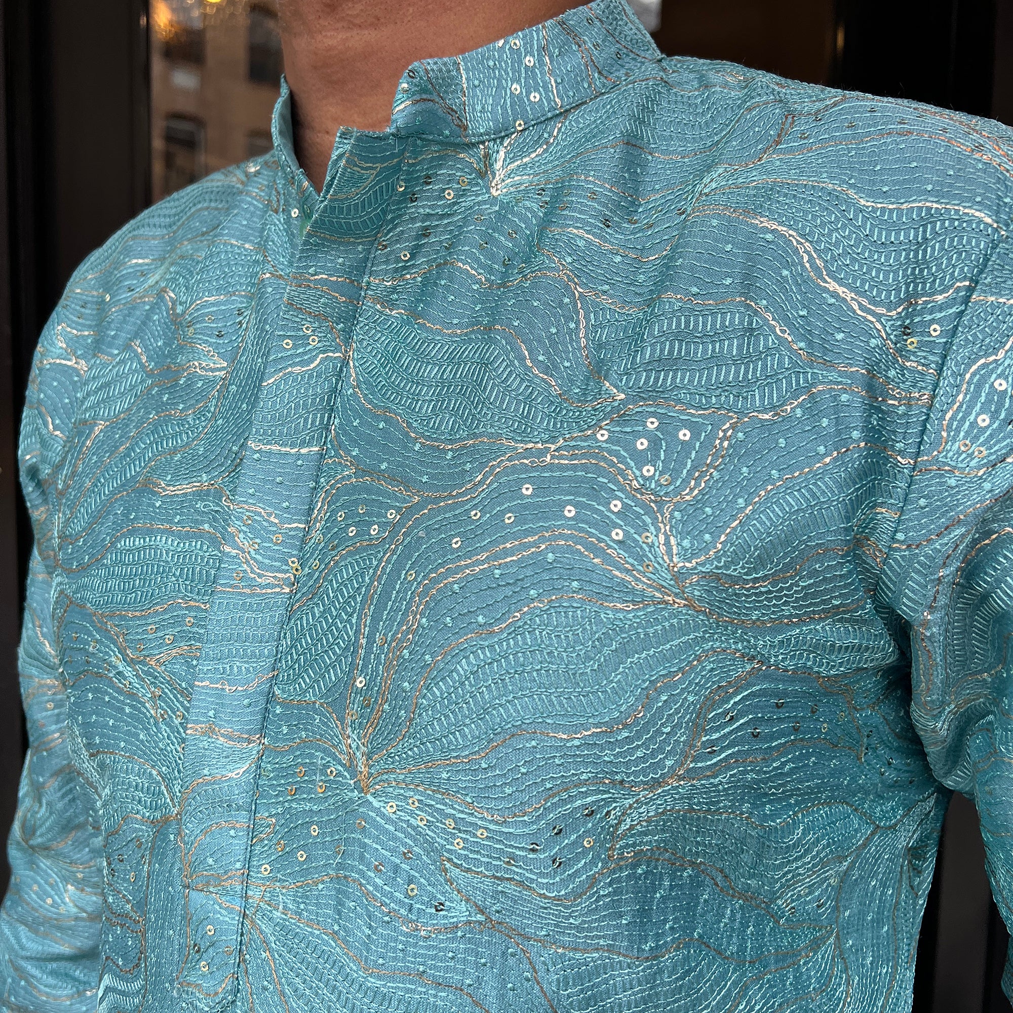 Gold Embroidered Aqua Kurta - Vintage India NYC