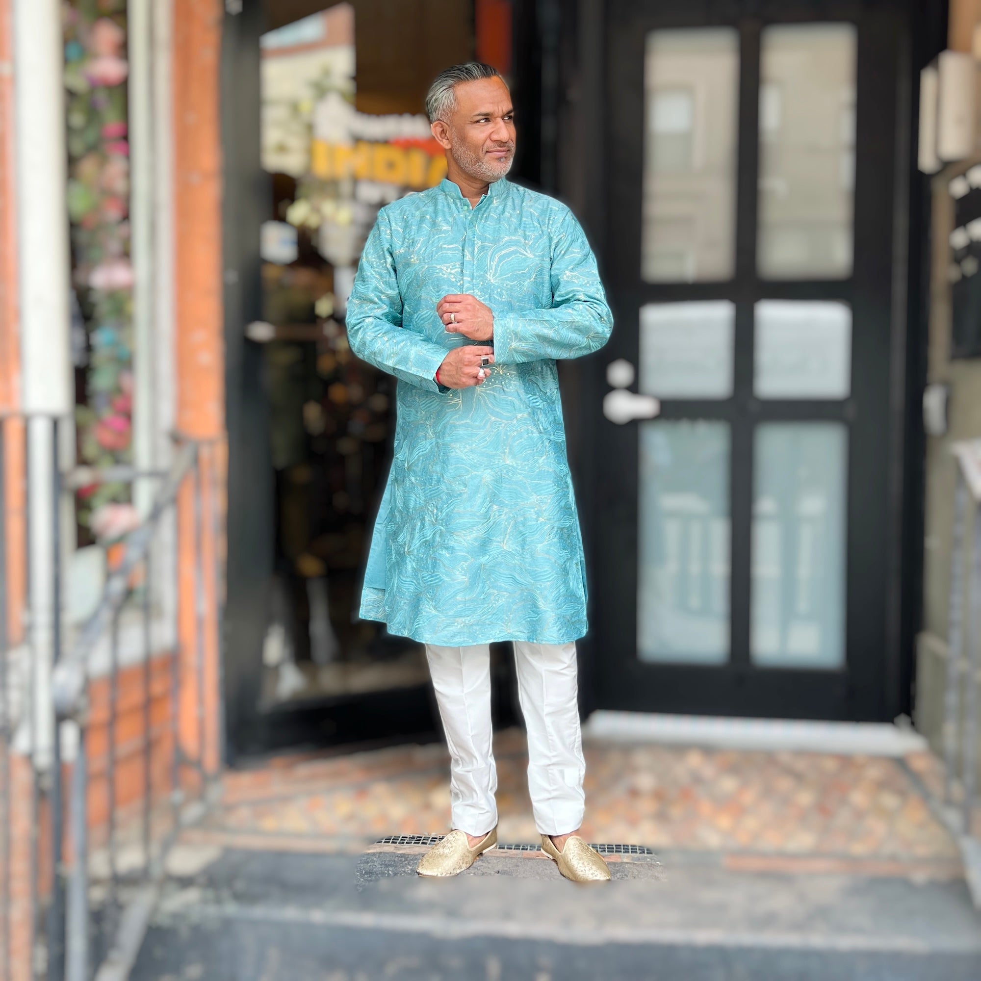 Gold Embroidered Aqua Kurta - Vintage India NYC