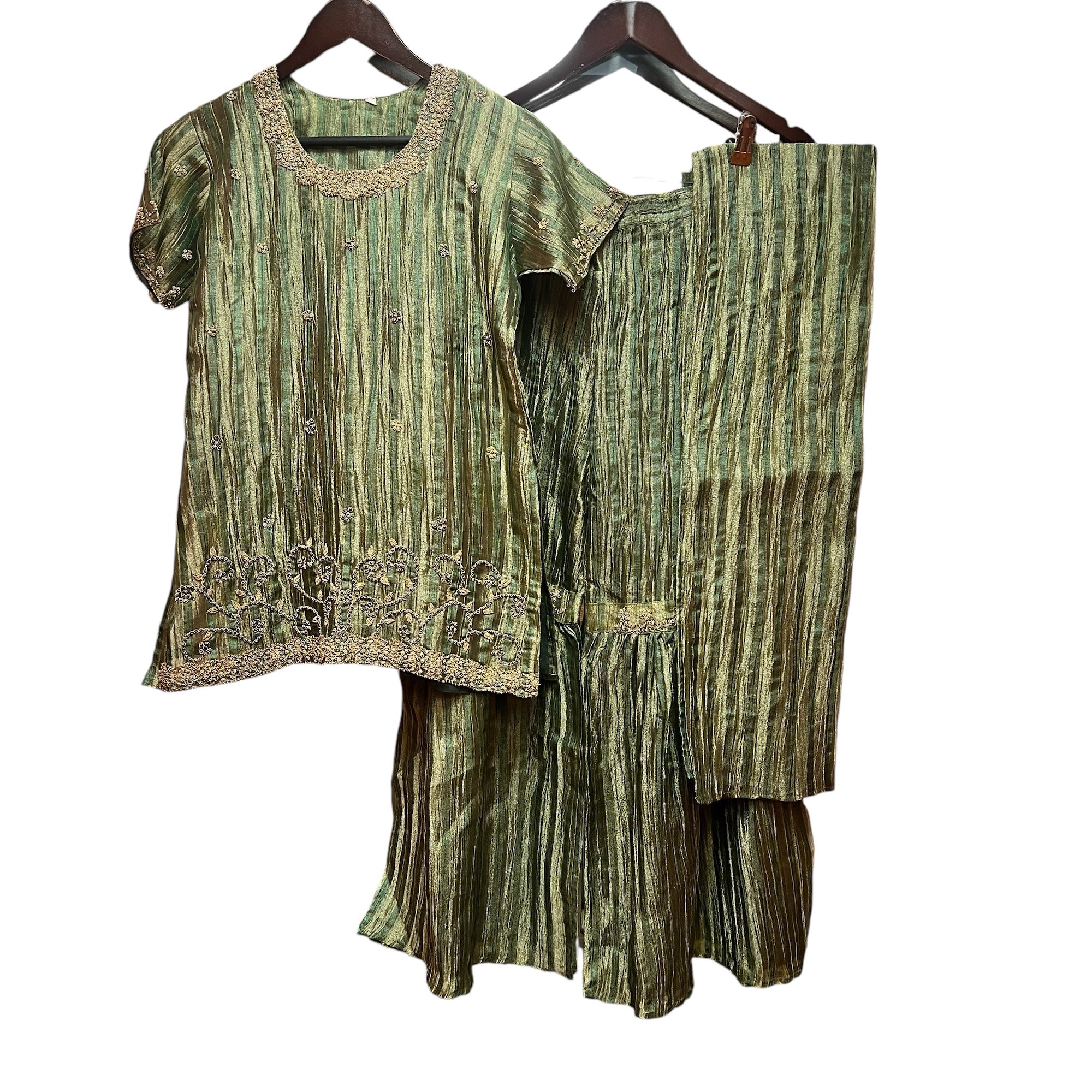 Green Silk Metallic Tissue Gharara Set-Size 38 - Vintage India NYC