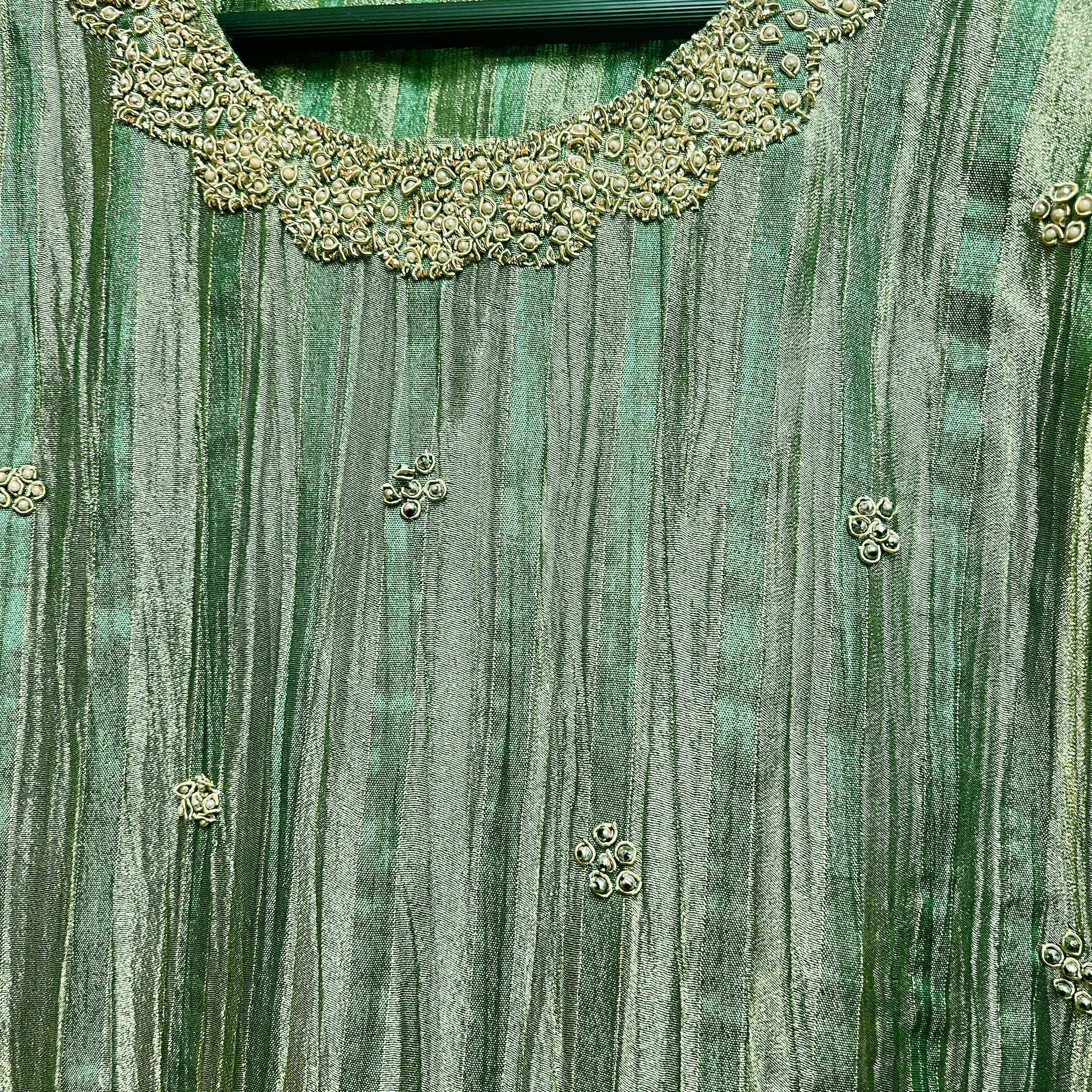 Green Silk Metallic Tissue Gharara Set-Size 38 - Vintage India NYC