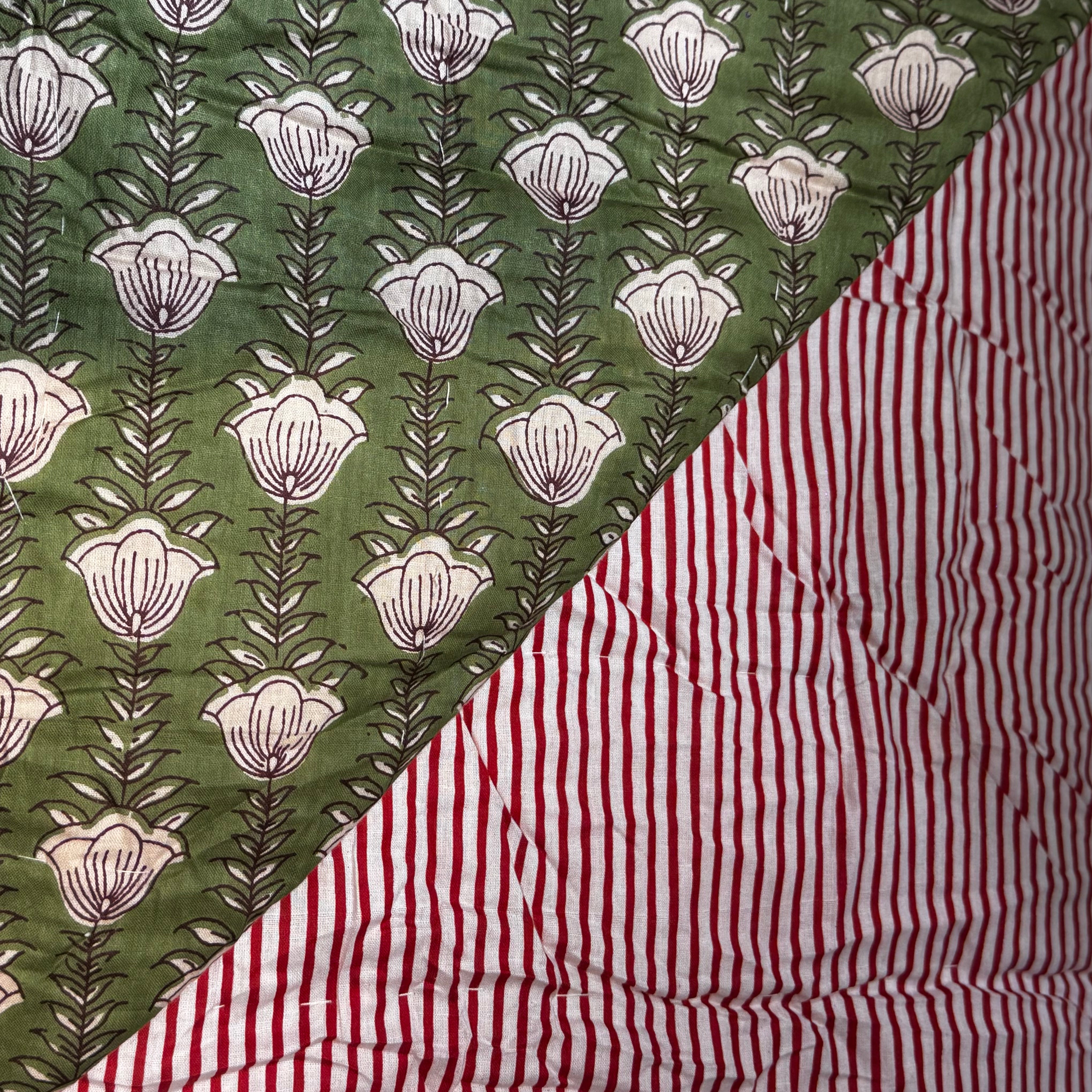 Indian Twin Quilt-GreenTulip/Red Stripe - Vintage India NYC