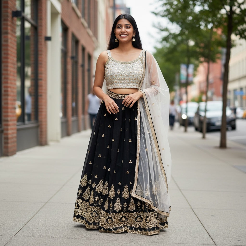 DT Georgette Lehenga Set-Black & Grey