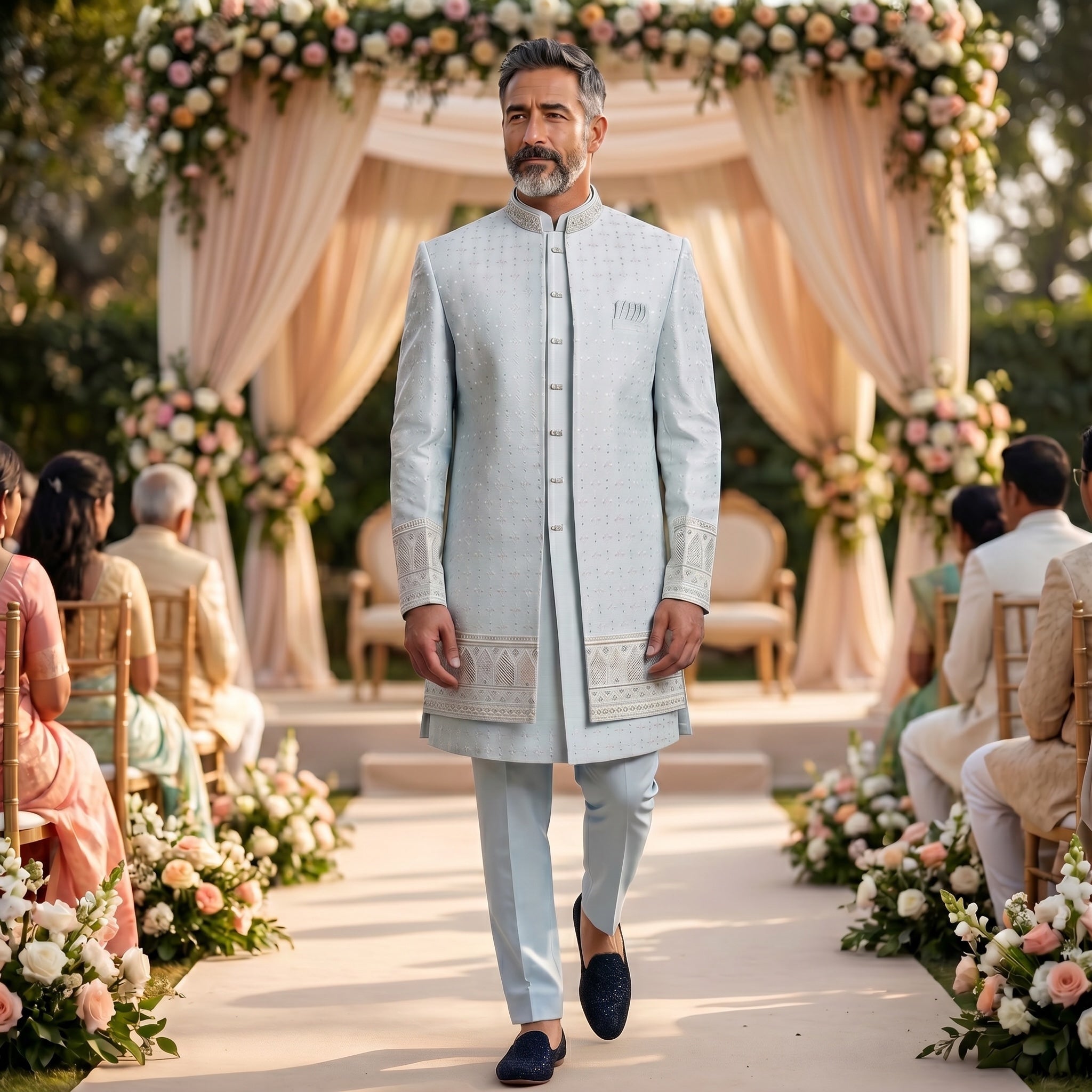 Lt Grey Blue Double Sherwani - Vintage India NYC