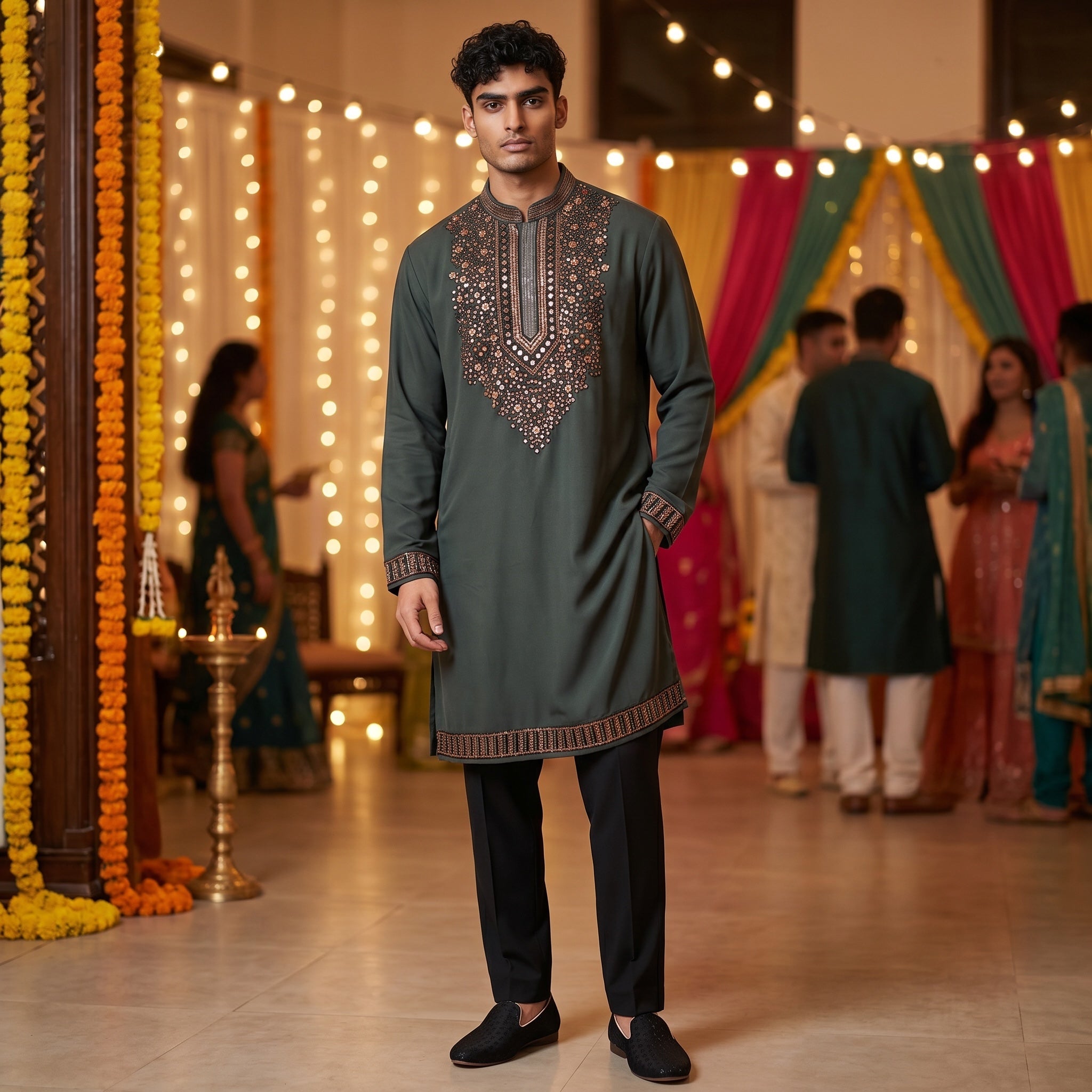 Grey Green Heavy Embroidered Kurta