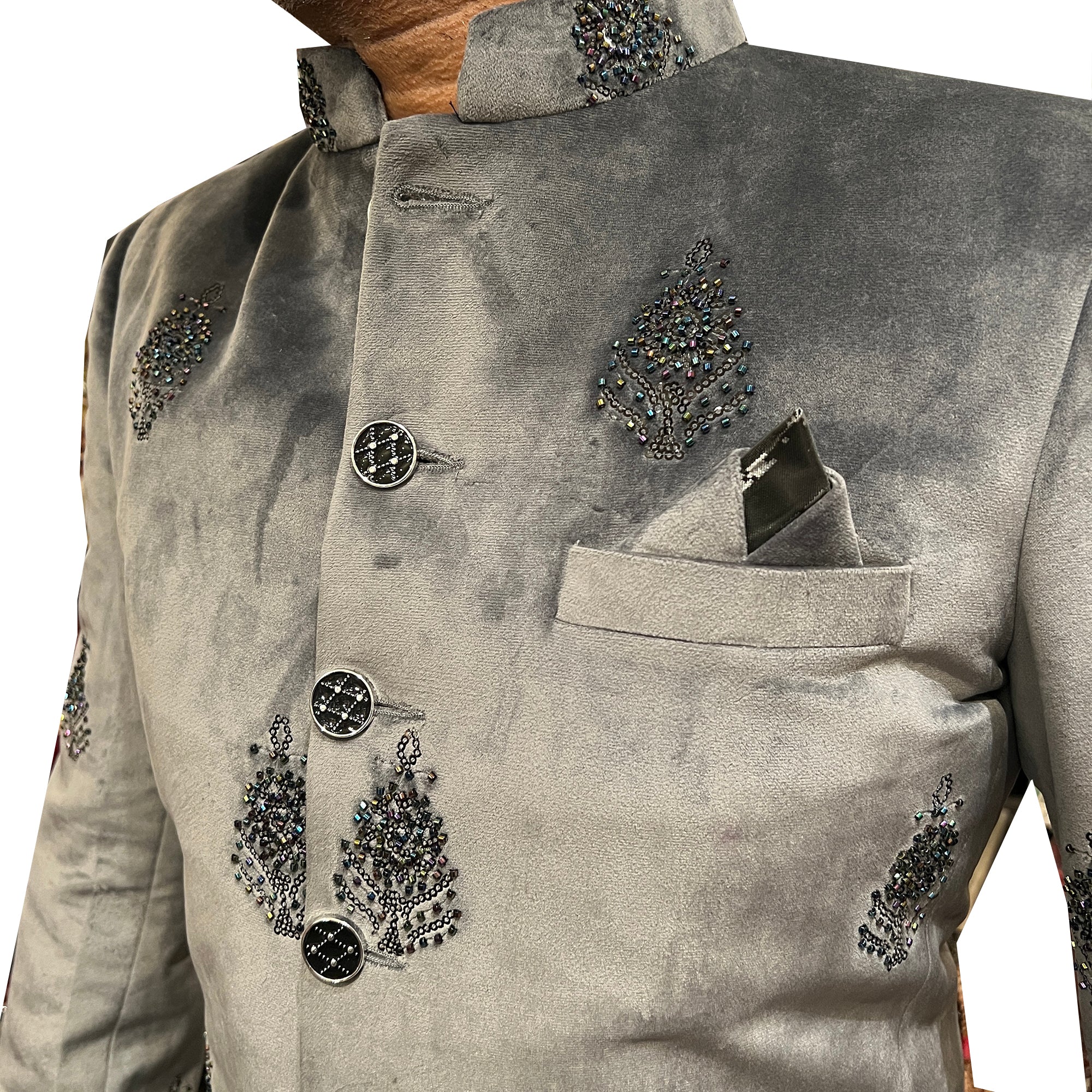 YD Grey Velvet Jodhpuri Suit Jacket - Vintage India NYC