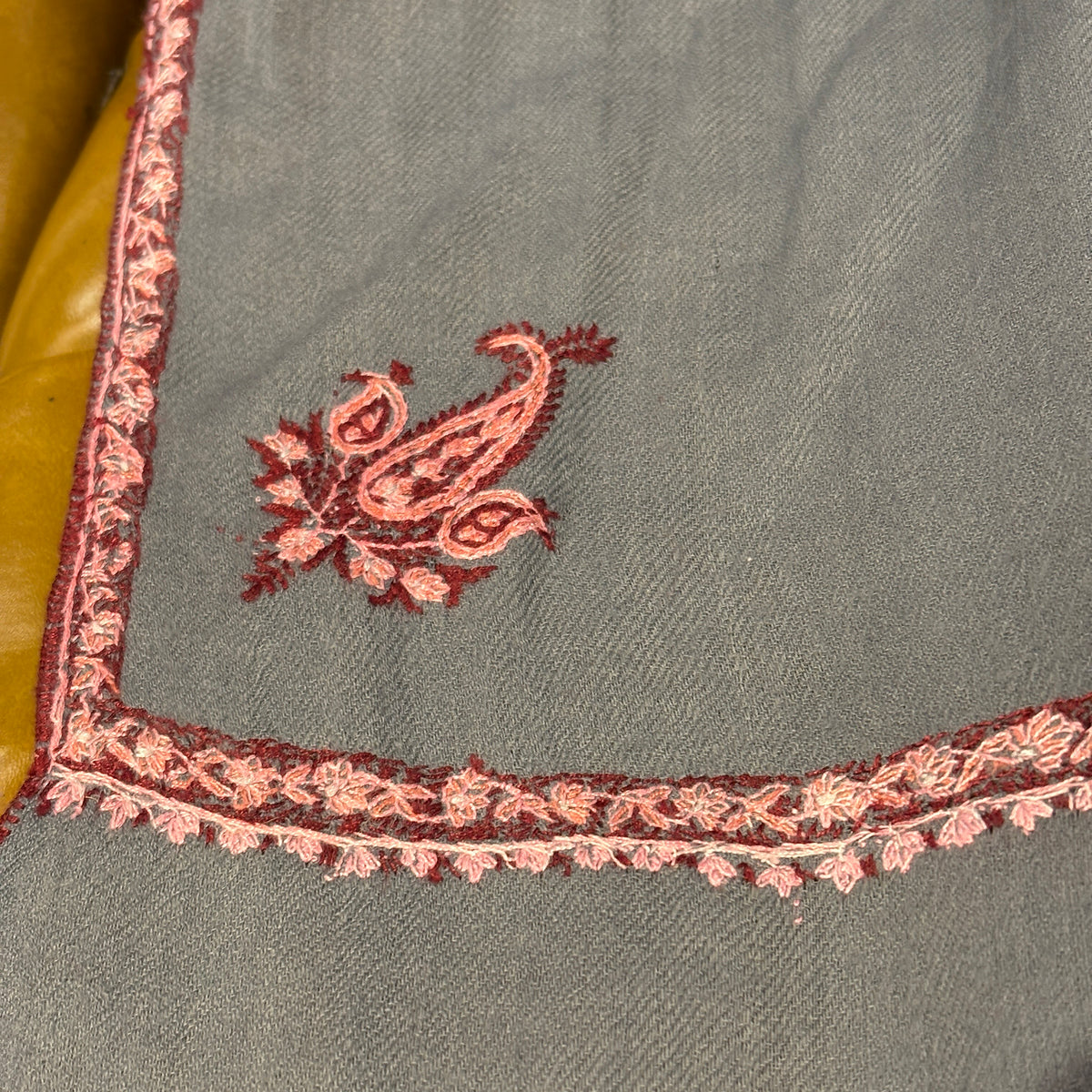Grey w/Pink Embroidered Wool Shawl 38 x 75in