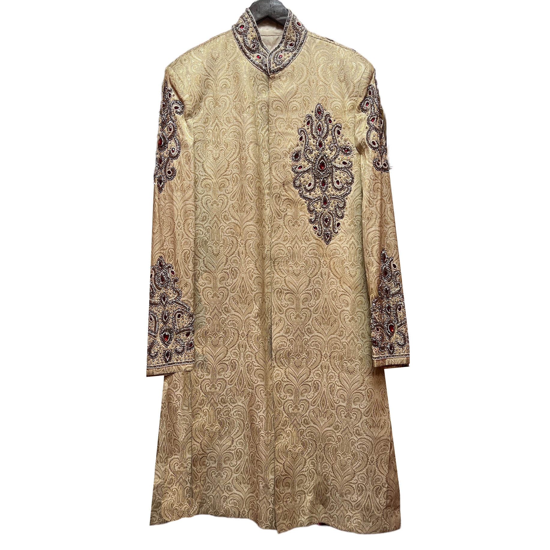 Cream Brocade Sherwani with Stonework - Vintage India NYC