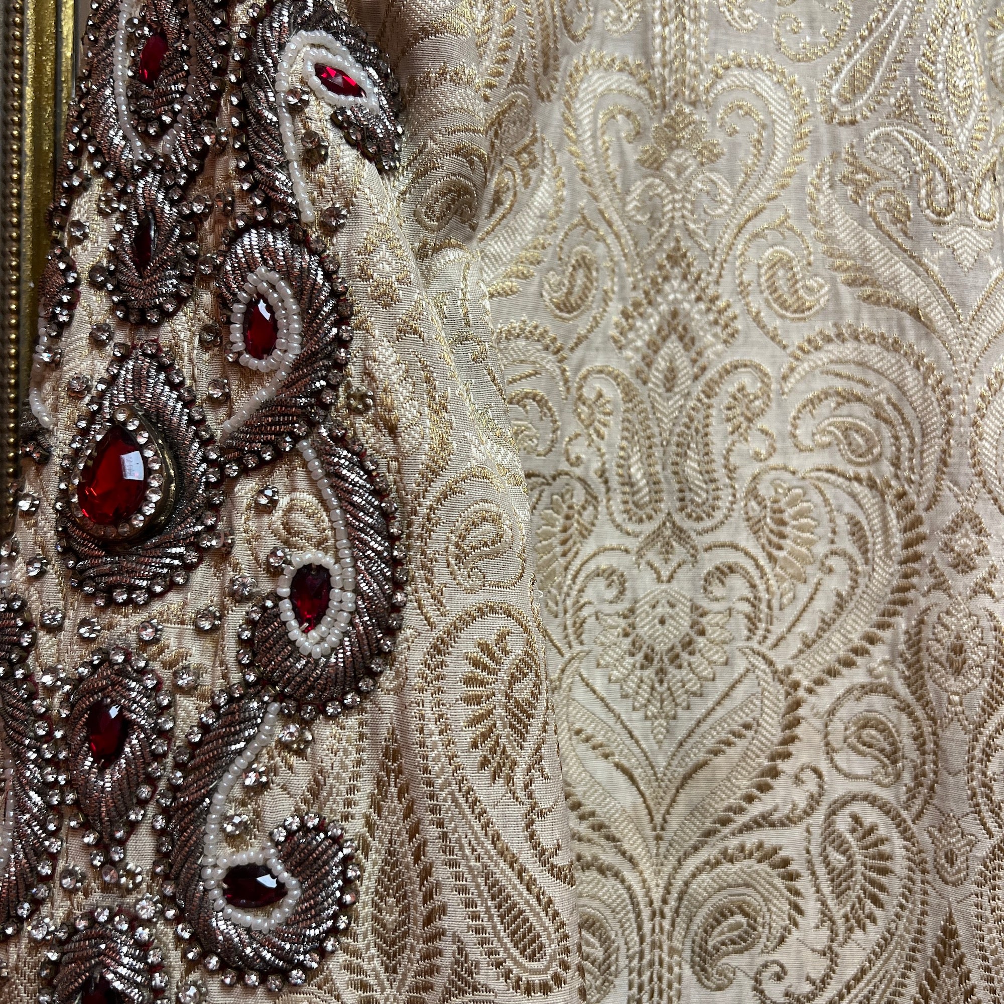 Cream Brocade Sherwani with Stonework - Vintage India NYC