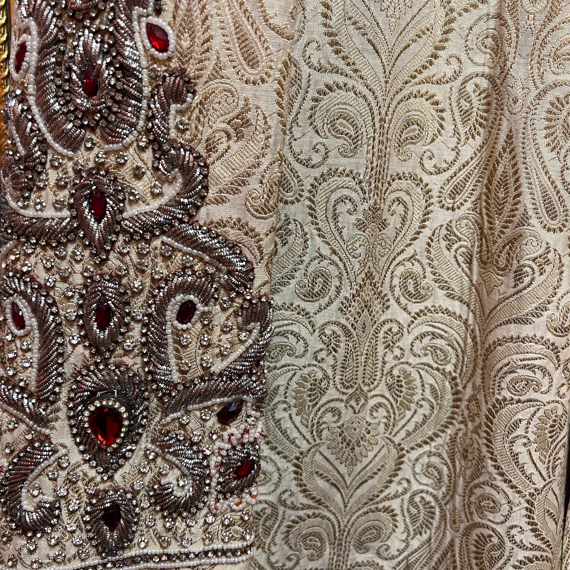 Cream Brocade Sherwani with Stonework - Vintage India NYC