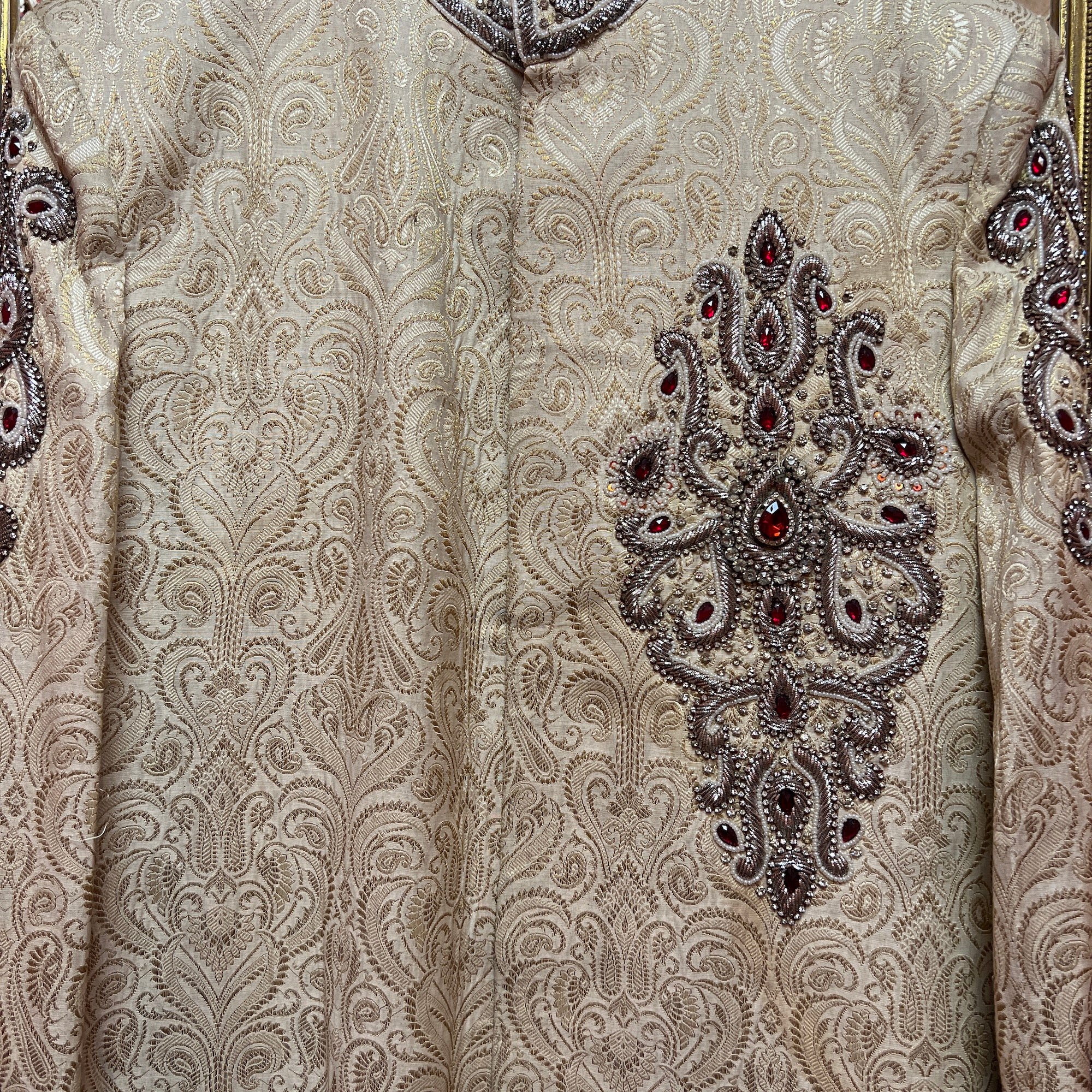 Cream Brocade Sherwani with Stonework - Vintage India NYC