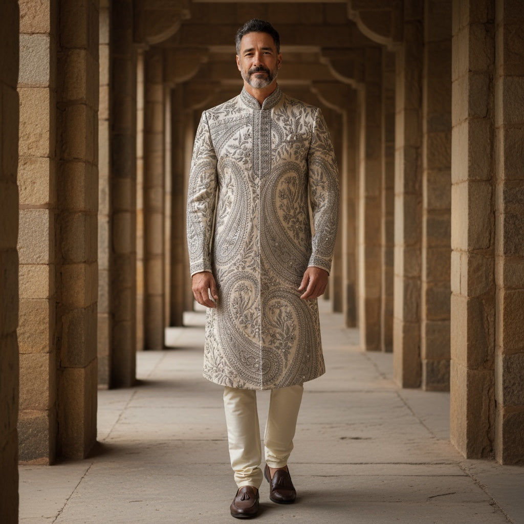 Heavy Embroidered Cream Sherwani-Size 42