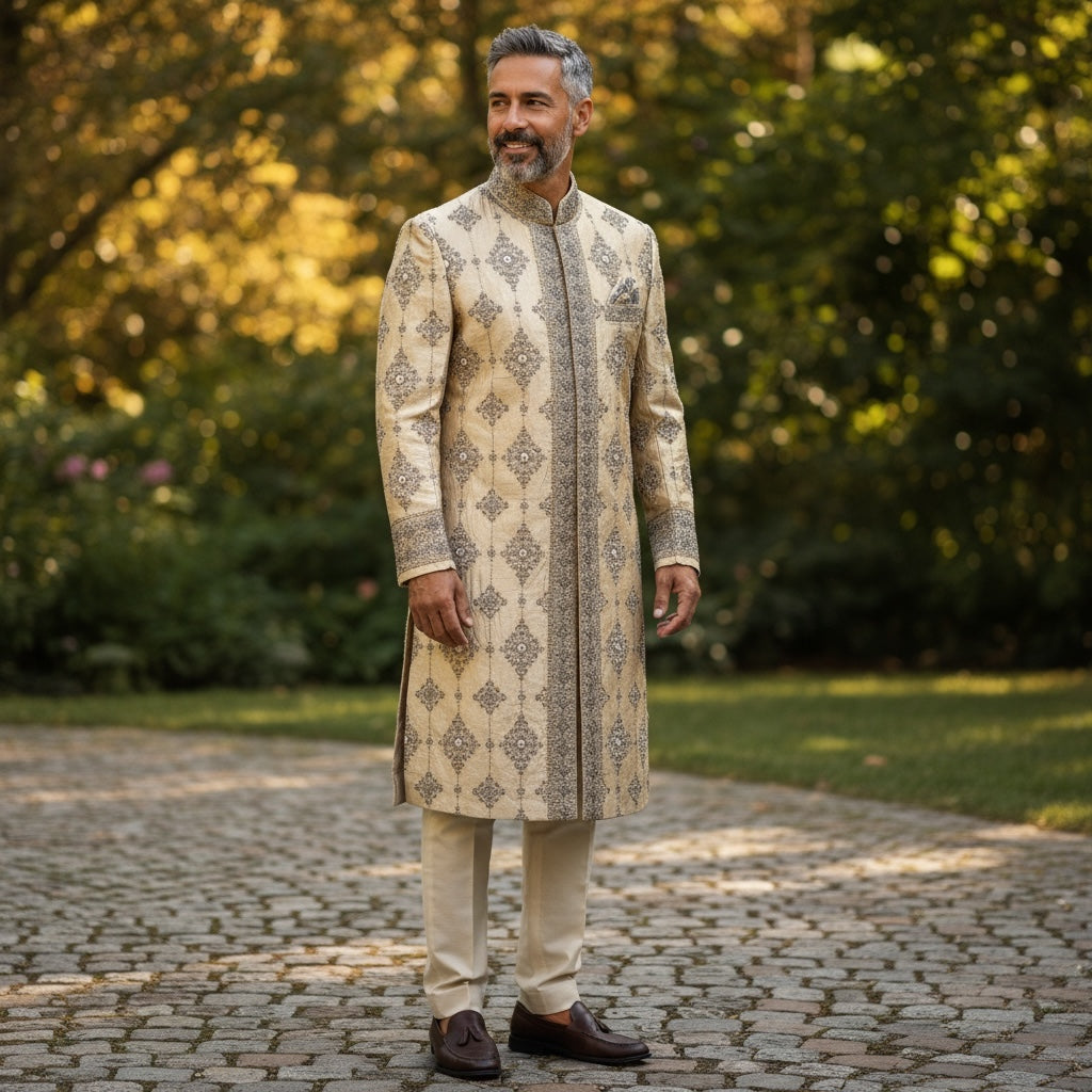 Heavy Embroidered Cream Sherwani 2-Size 42