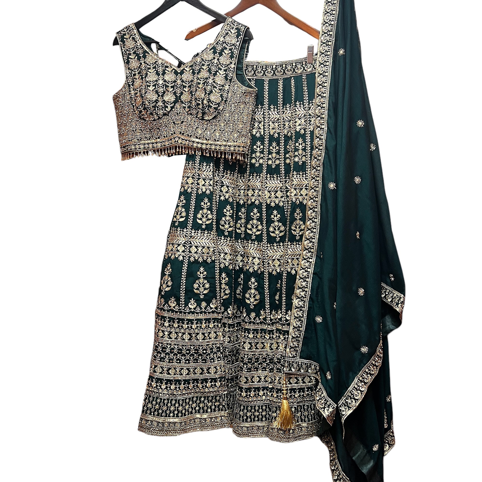 Forest Georgette with Zari & White Stones - Vintage India NYC