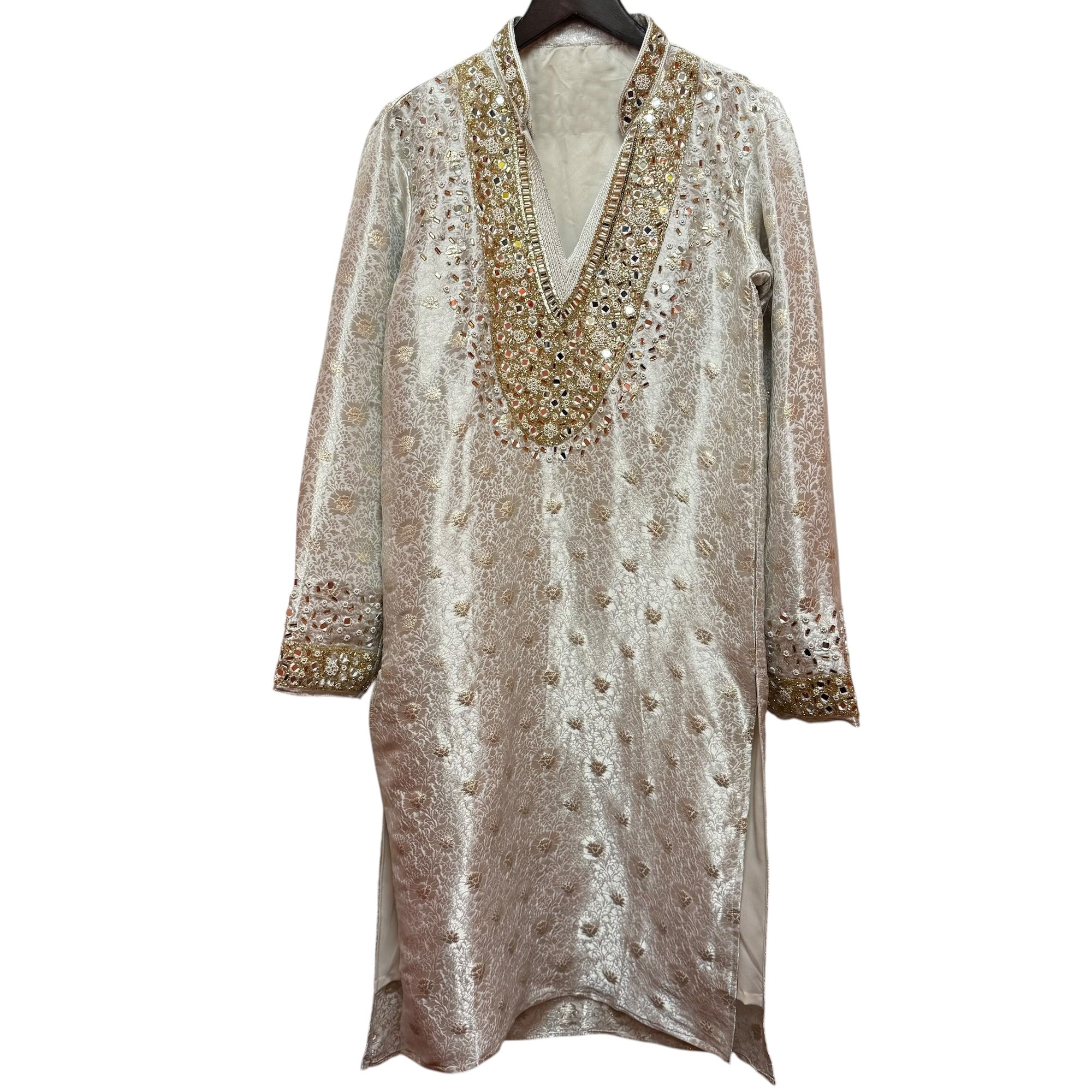 Ivory Heavy Emb Mirrored V Neck Kurta