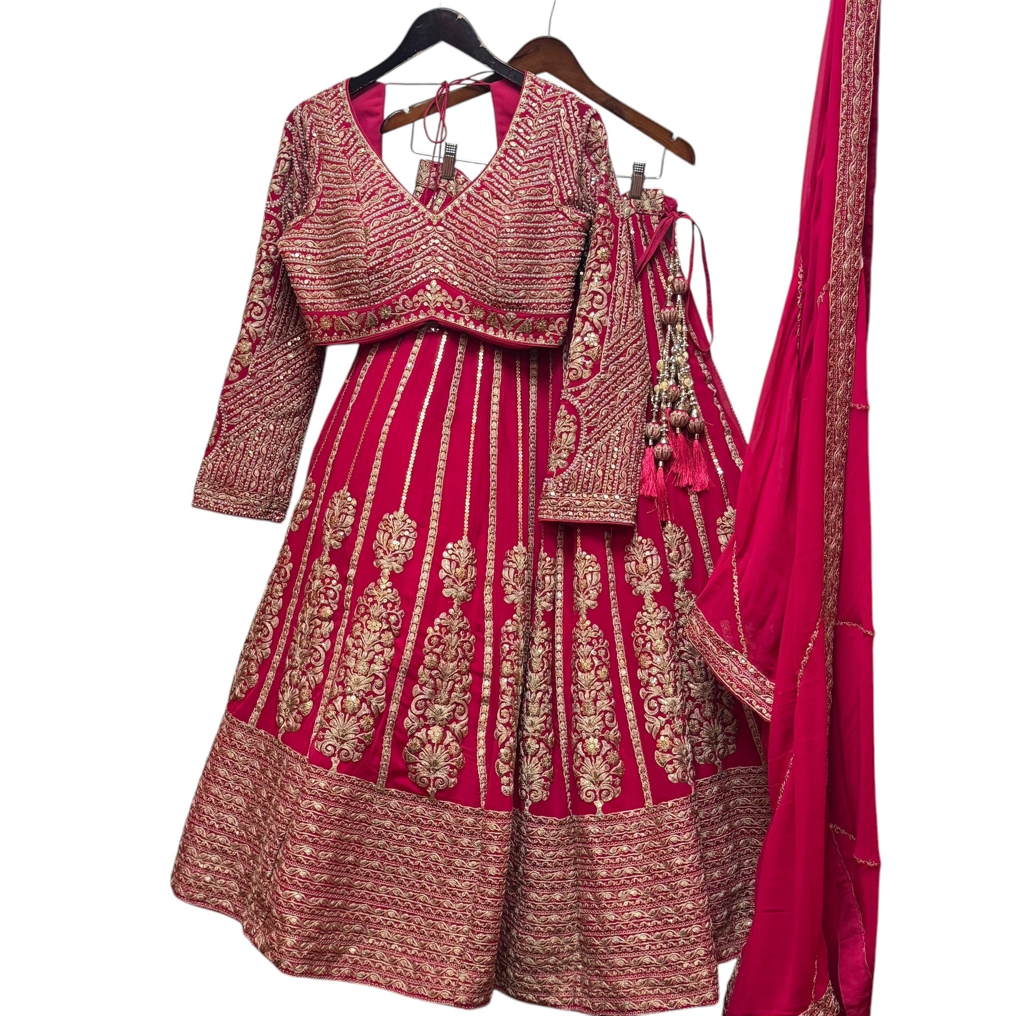 Heavy Rani Pink Lehenga Set w/ Long Sleeves - Vintage India NYC