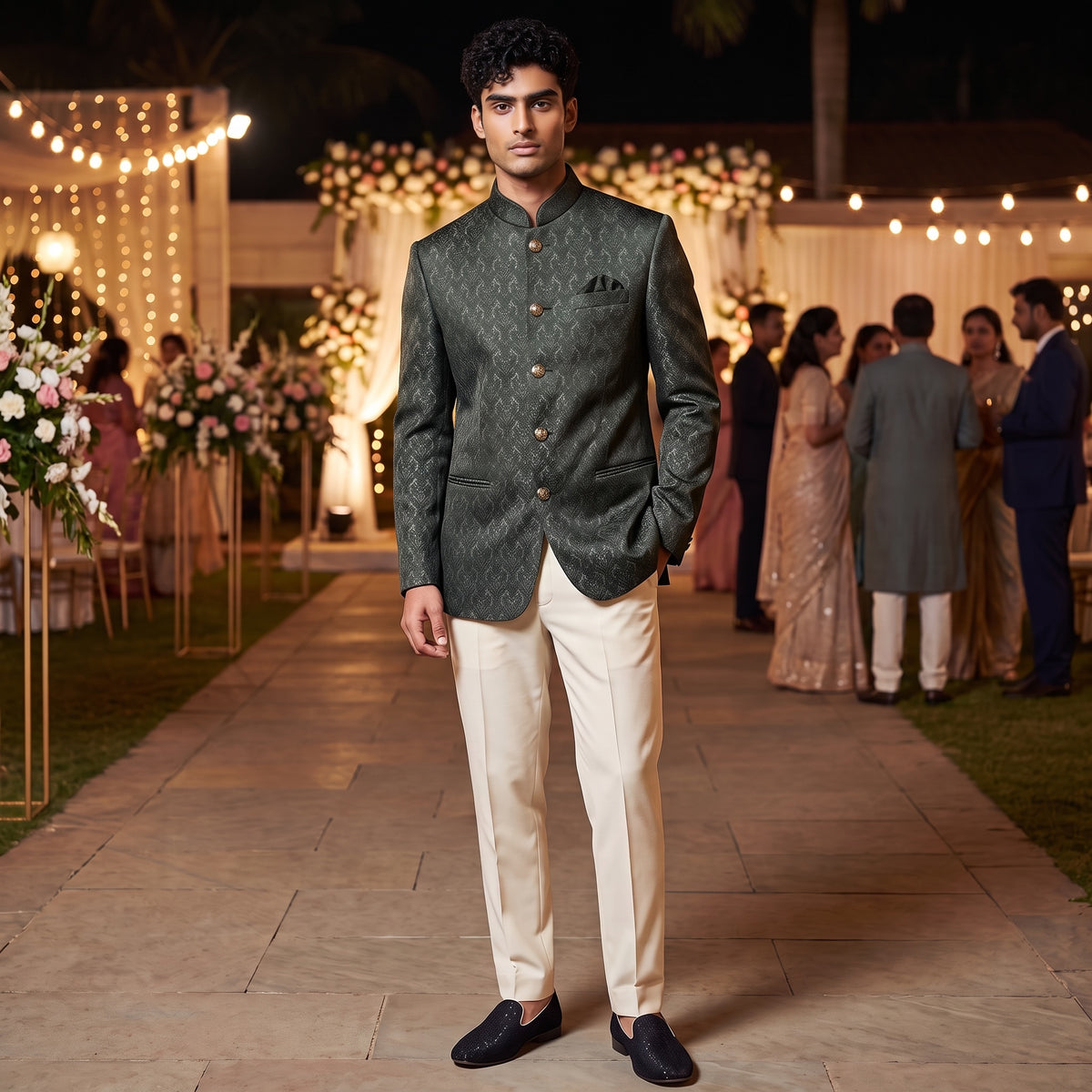 Hunter Green Jacquard Jodhpuri Jacket
