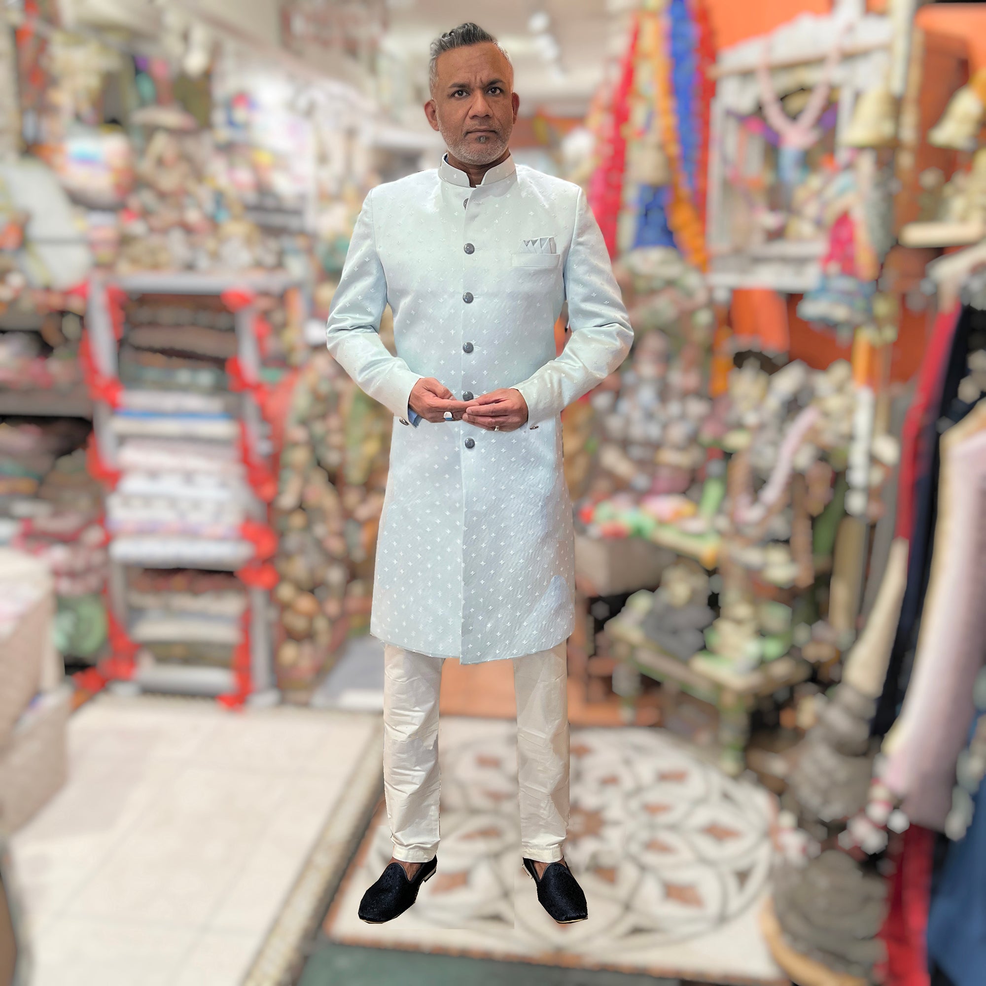 Ice Blue Sherwani w Silver Leaf Motif - Vintage India NYC