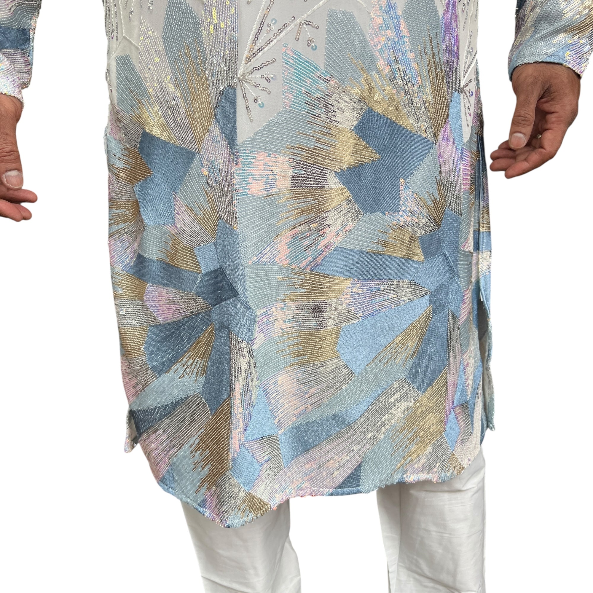 Ivory Ice Blue Heavy Sequin Kurta - Vintage India NYC