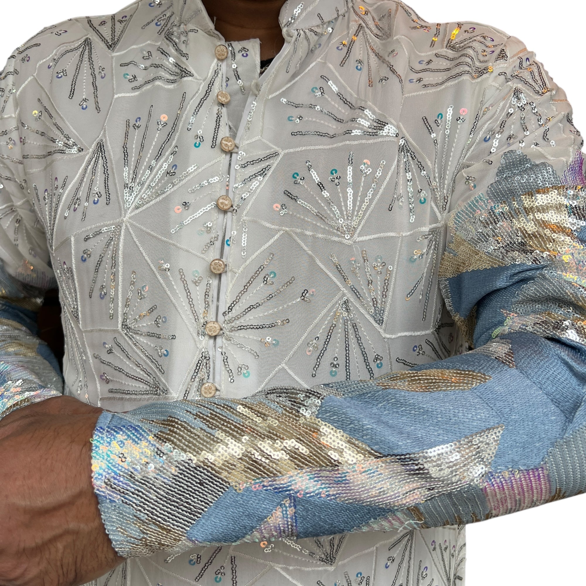 Ivory Ice Blue Heavy Sequin Kurta - Vintage India NYC