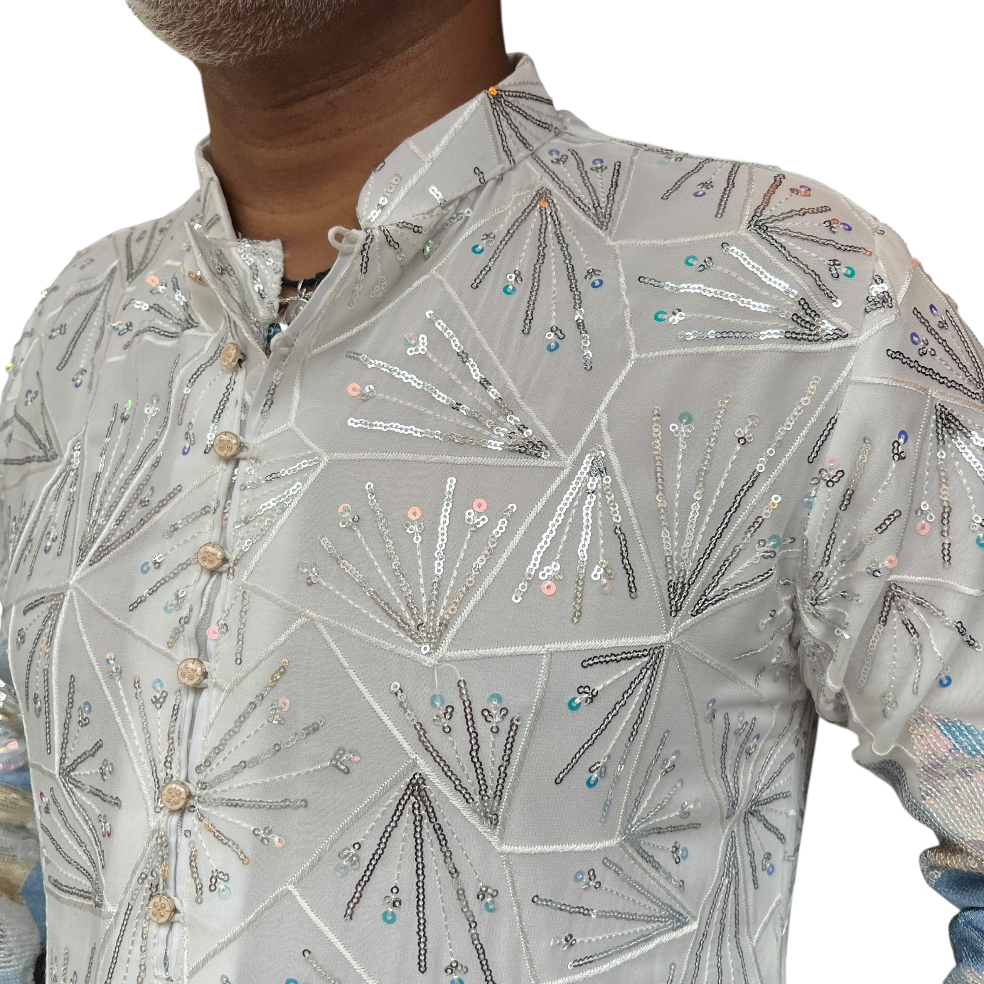 Ivory Ice Blue Heavy Sequin Kurta - Vintage India NYC